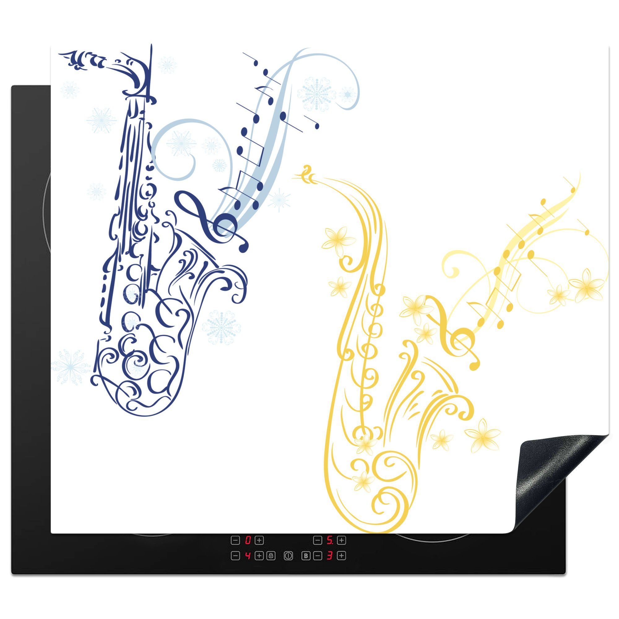 MuchoWow Herdblende-/Abdeckplatte Illustration von Musiknoten in Form von Saxophonen, Vinyl, (1 tlg), 57x51 cm, Induktionsschutz, Induktionskochfeld, Ceranfeldabdeckung