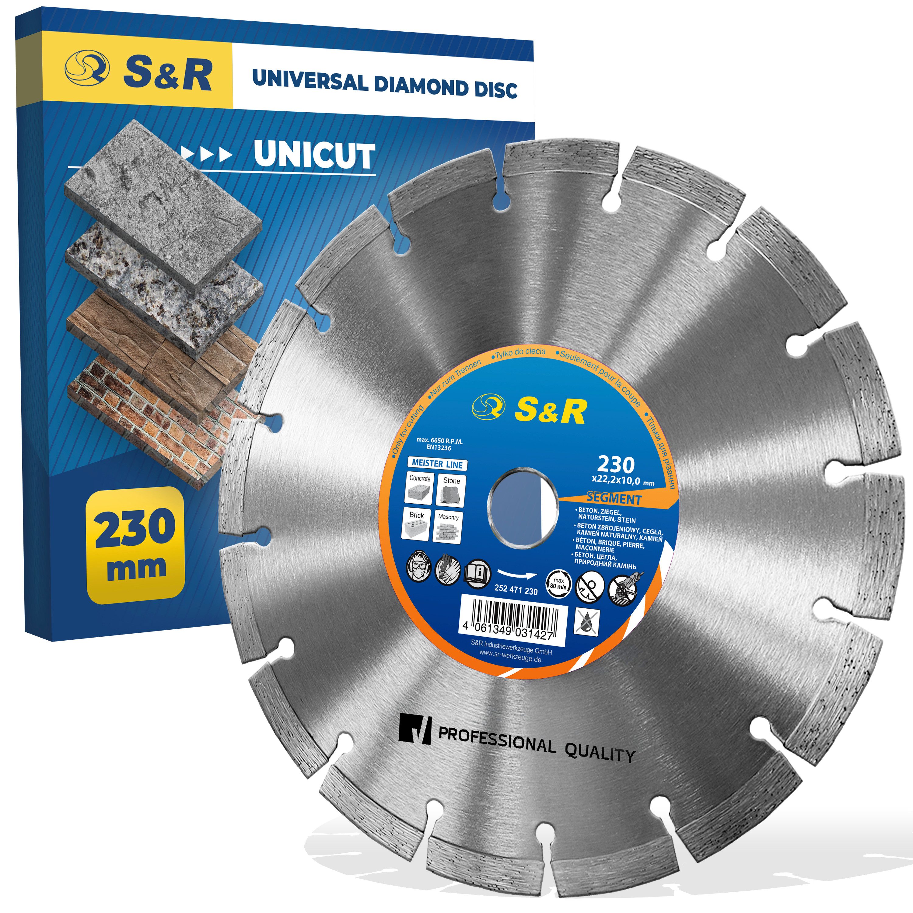 S&R Diamanttrennscheibe Professional, Diamant-Trennscheibe zum Trennen von Baumaterialien, Ø 230 mm, (Packung, Einzeln), Beton, Naturstein, Stein, Ziegel, Mauerwerk, hohe Standzeit
