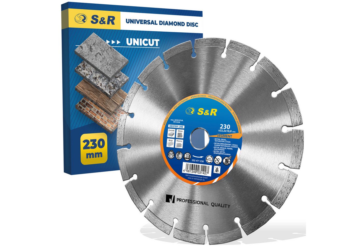 S&R Diamanttrennscheibe Professional, Diamant-Trennscheibe zum Trennen von Baumaterialien, Ø 230 mm, (Packung, Einzeln), Beton, Naturstein, Stein, Ziegel, Mauerwerk, hohe Standzeit