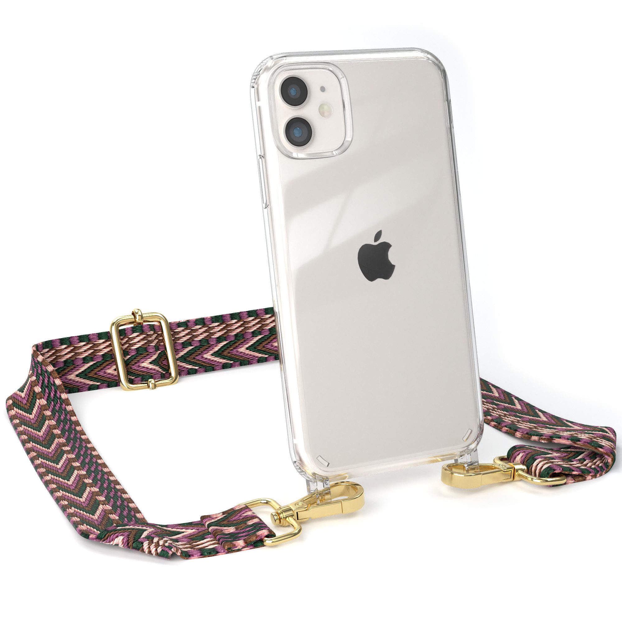 EAZY CASE Handykette Boho Umhängeband für Apple iPhone 11 6,1 Zoll, Durchsichtige Hülle mit Handyriemen Phone Karabiner Halskette Beere