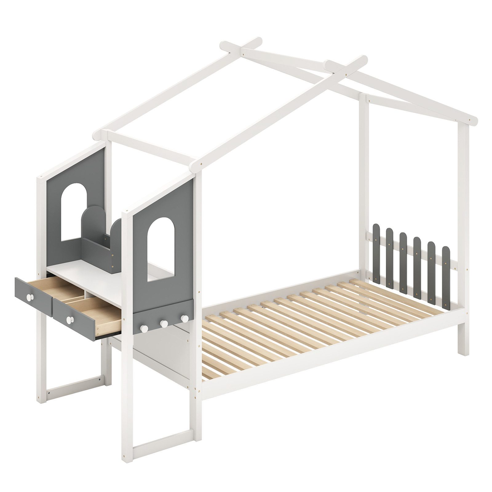 COSTWAY Kinderbett, Hausbett, mit Lattenrost & Schreibtisch, 90x200cm