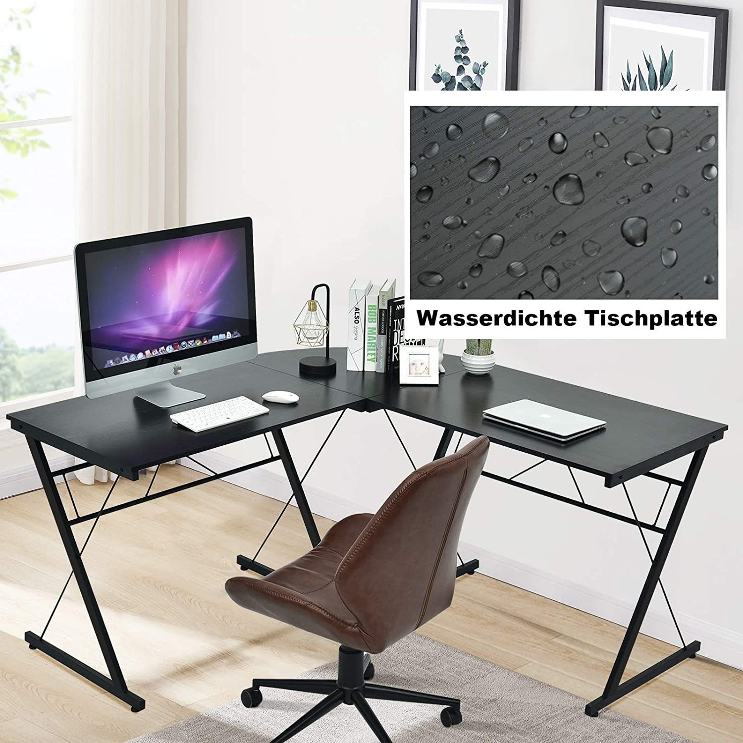 Computertisch, x 150 L-Form, Schwarz COSTWAY 76 cm + Metallrahmen, Braun x 150