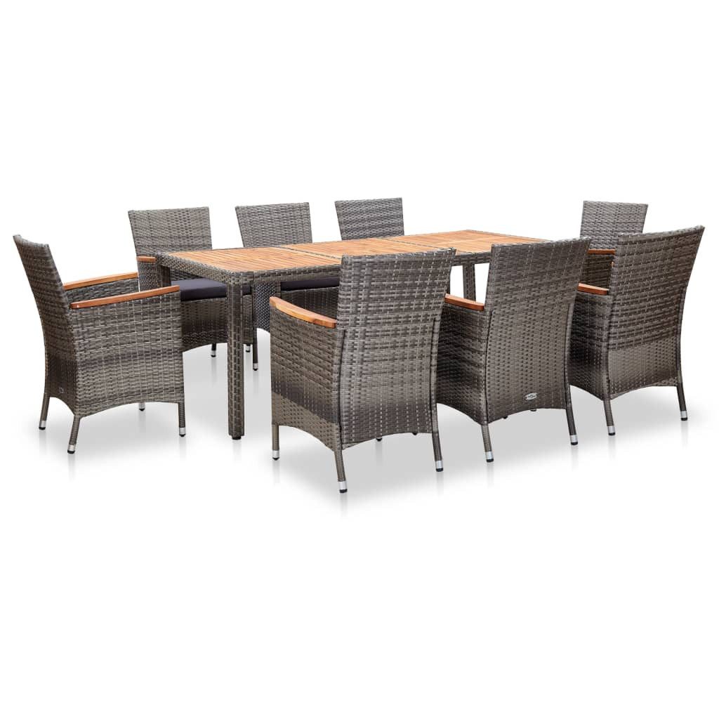 vidaXL Garten-Essgruppe 9-tlg. Garten-Essgruppe mit Kissen Poly Rattan Grau, (8-tlg)