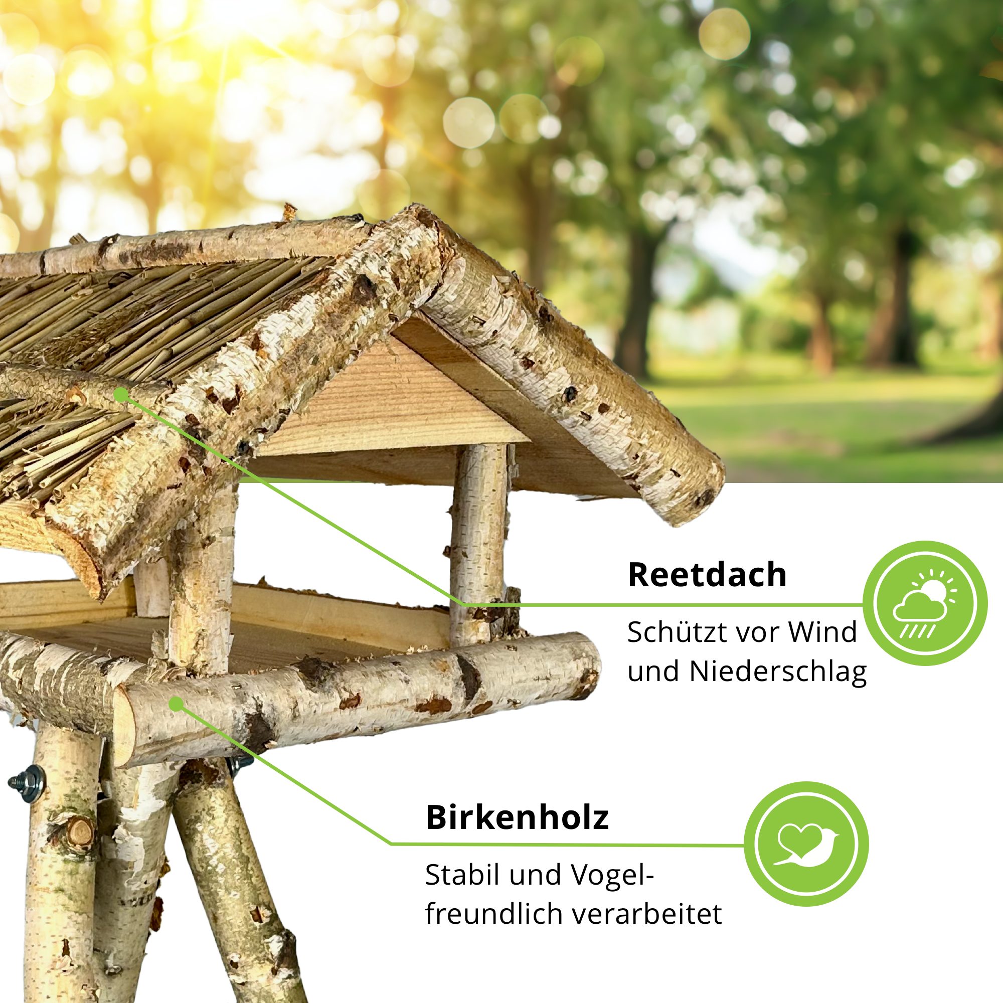 Birken gartenetage und Reetdach, liebevolle Wetterfest Ständer Vogelhaus Vogelfutterhaus Handarbeit, mit