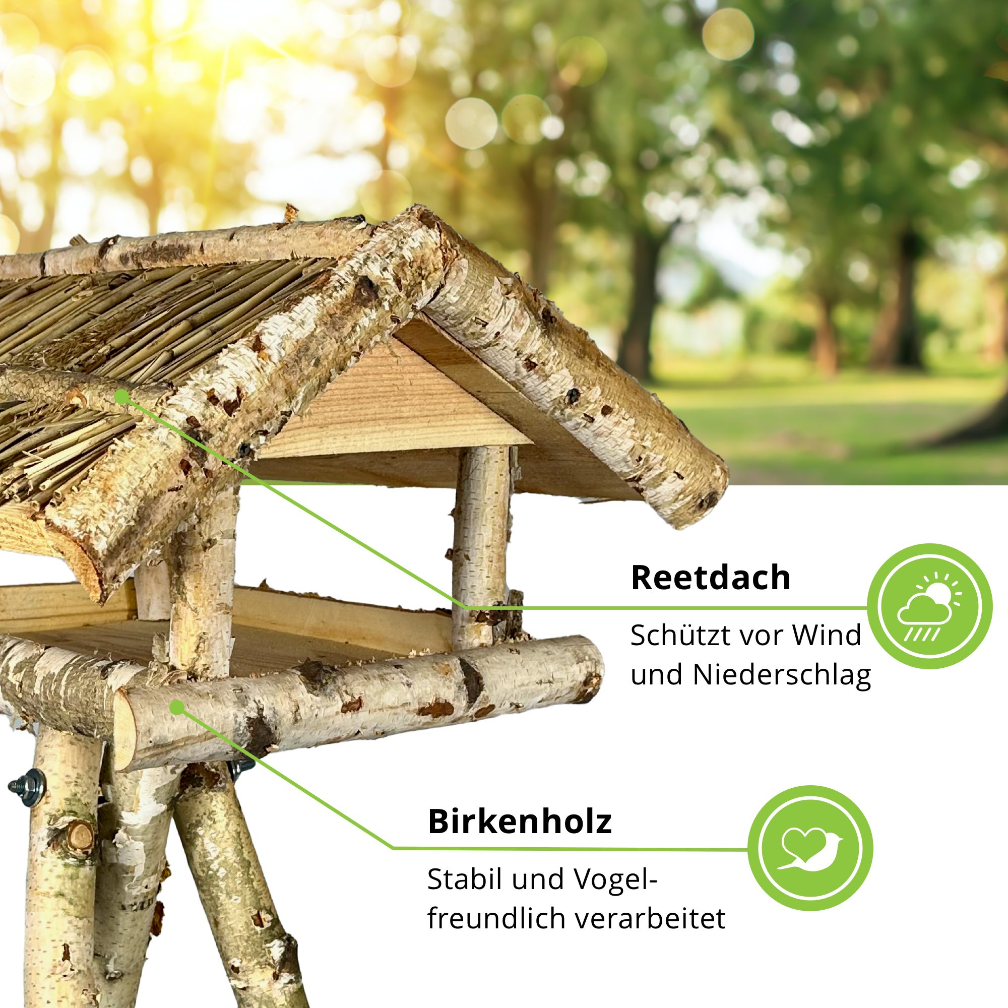 mit Wetterfest gartenetage Birken liebevolle und Vogelfutterhaus Vogelhaus Ständer Reetdach, Handarbeit,