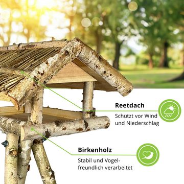gartenetage Vogelhaus Birke Vogelfutterhaus mit Ständer und Reetdach, liebevolle Handarbeit, Wetterfest