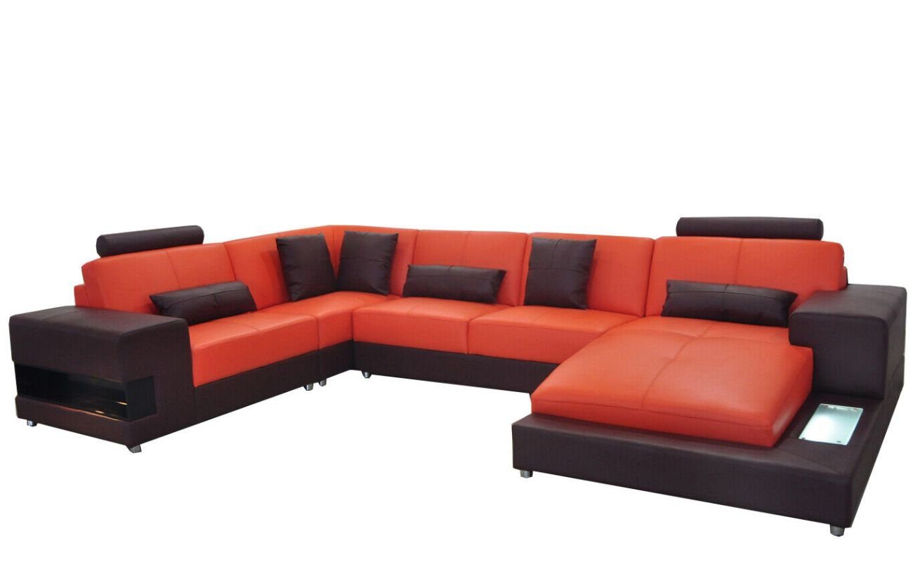 USB Modern Couch mit Sofa Orange Wohnlandschaft U-Form Garnitur Eck Ledersofa JVmoebel Ecksofa
