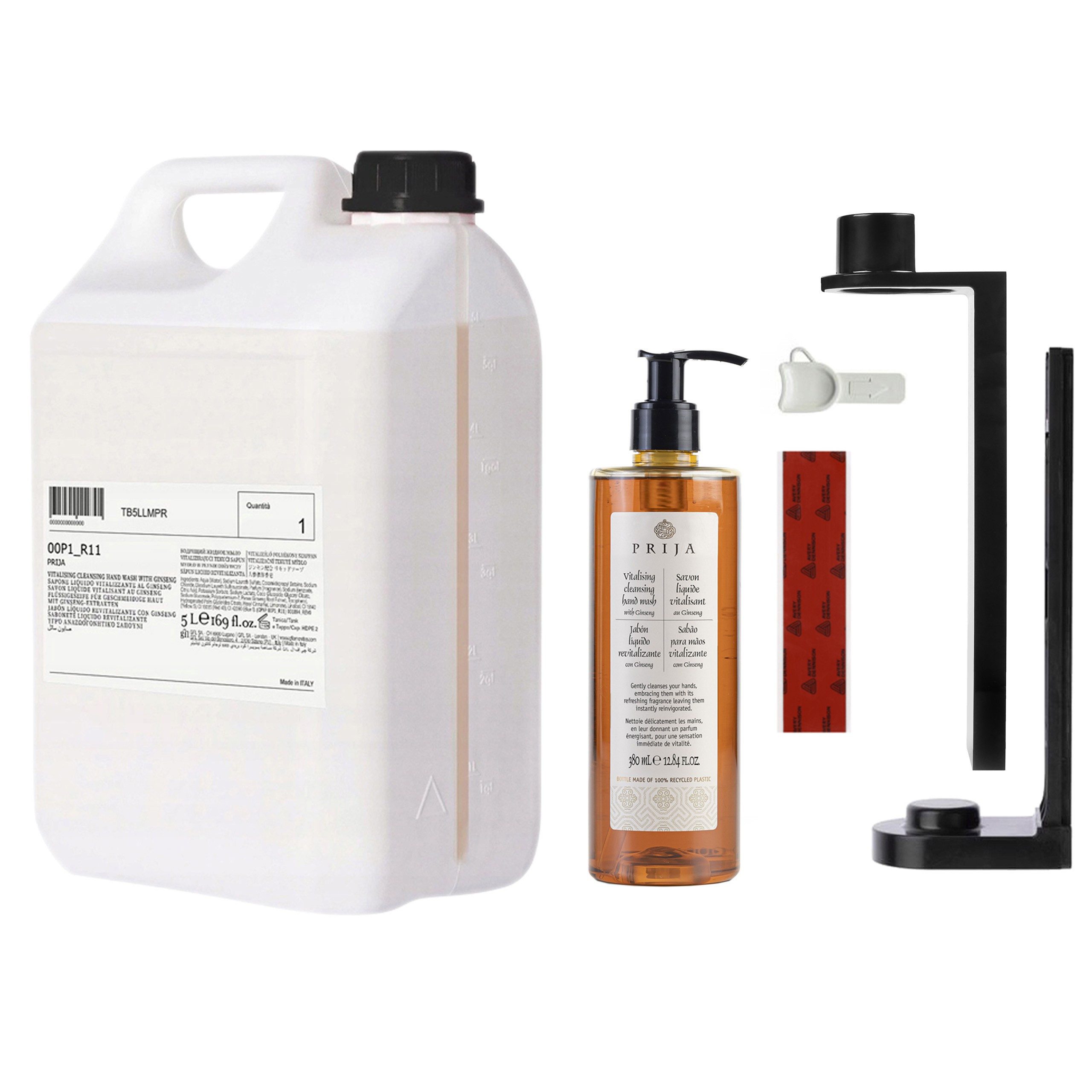 Sarcia.eu Flüssigseife PRIJA Set: Flaschenhalter, Flüssigseife mit Ginseng 380ml + 5l Vorrat