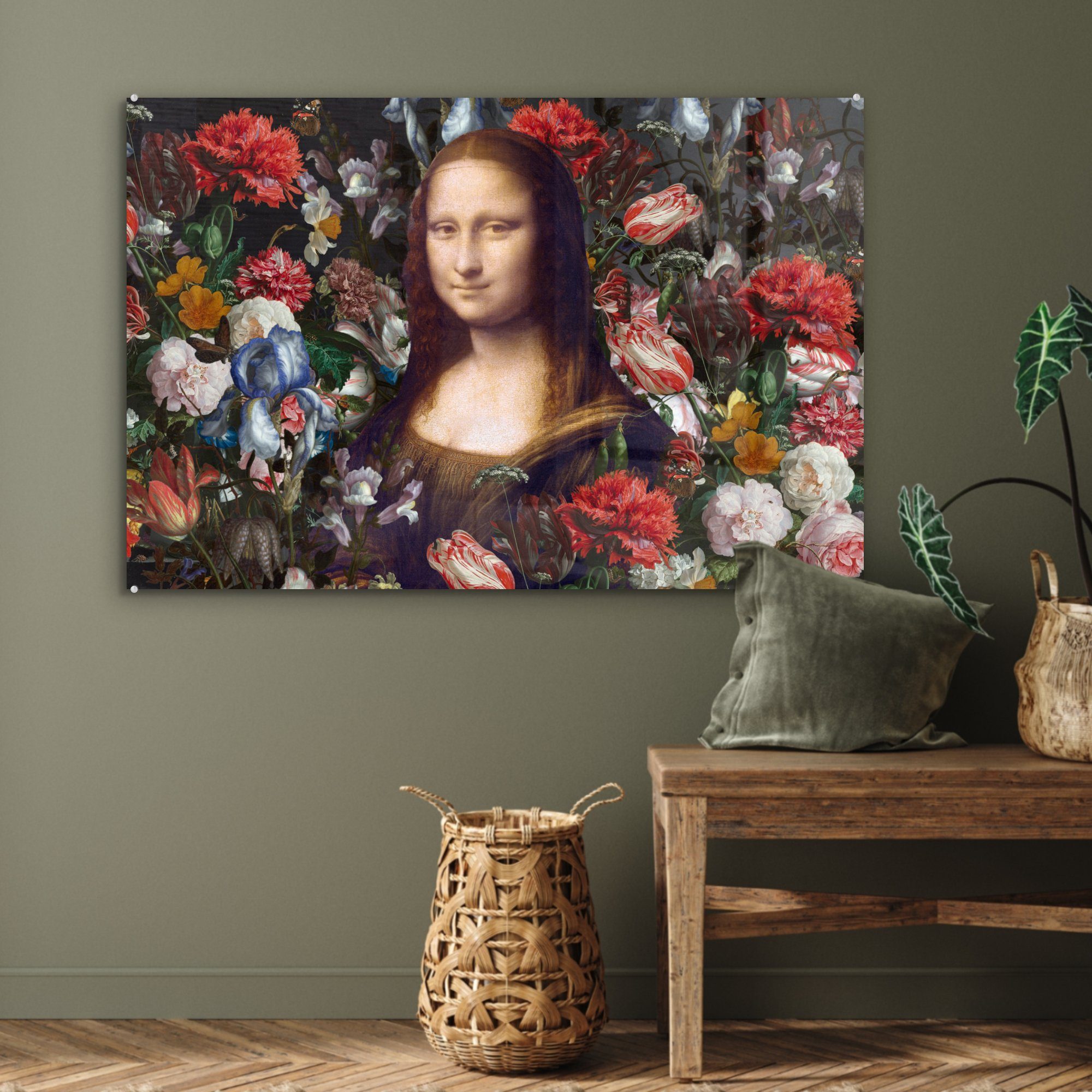 Leonardo Mona Blumen, St), - da & Vinci Lisa bunt Wohnzimmer (1 MuchoWow Acrylglasbilder - Acrylglasbild Schlafzimmer