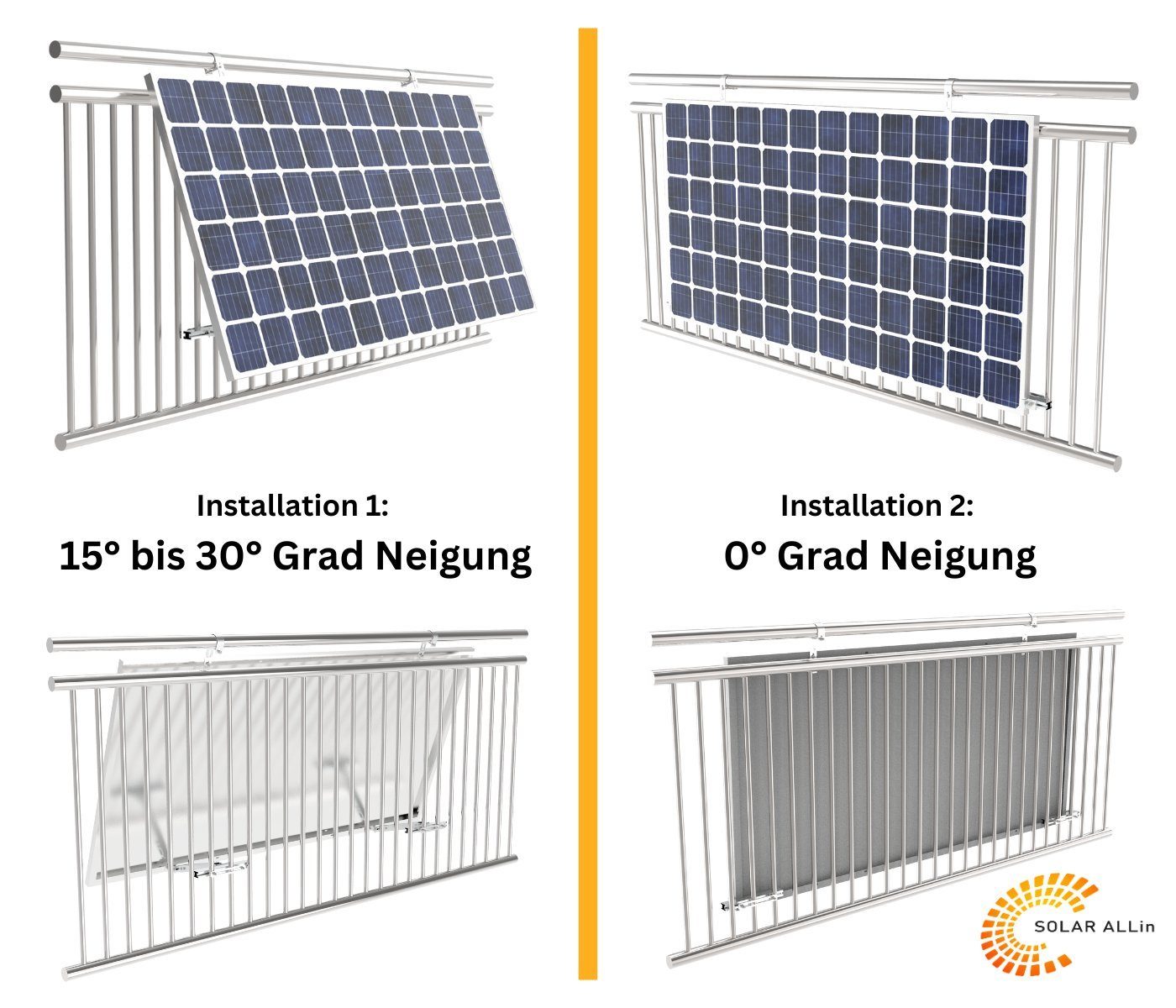 smartEC Solarmodul-Halterung SOLAR ALLin Balkonhaken-Set Plus für Solarmodule – Balkonkraftwerk, (TÜV geprüft Winkel einstellbar bis ° Geländer Haken Schutzstreifen)