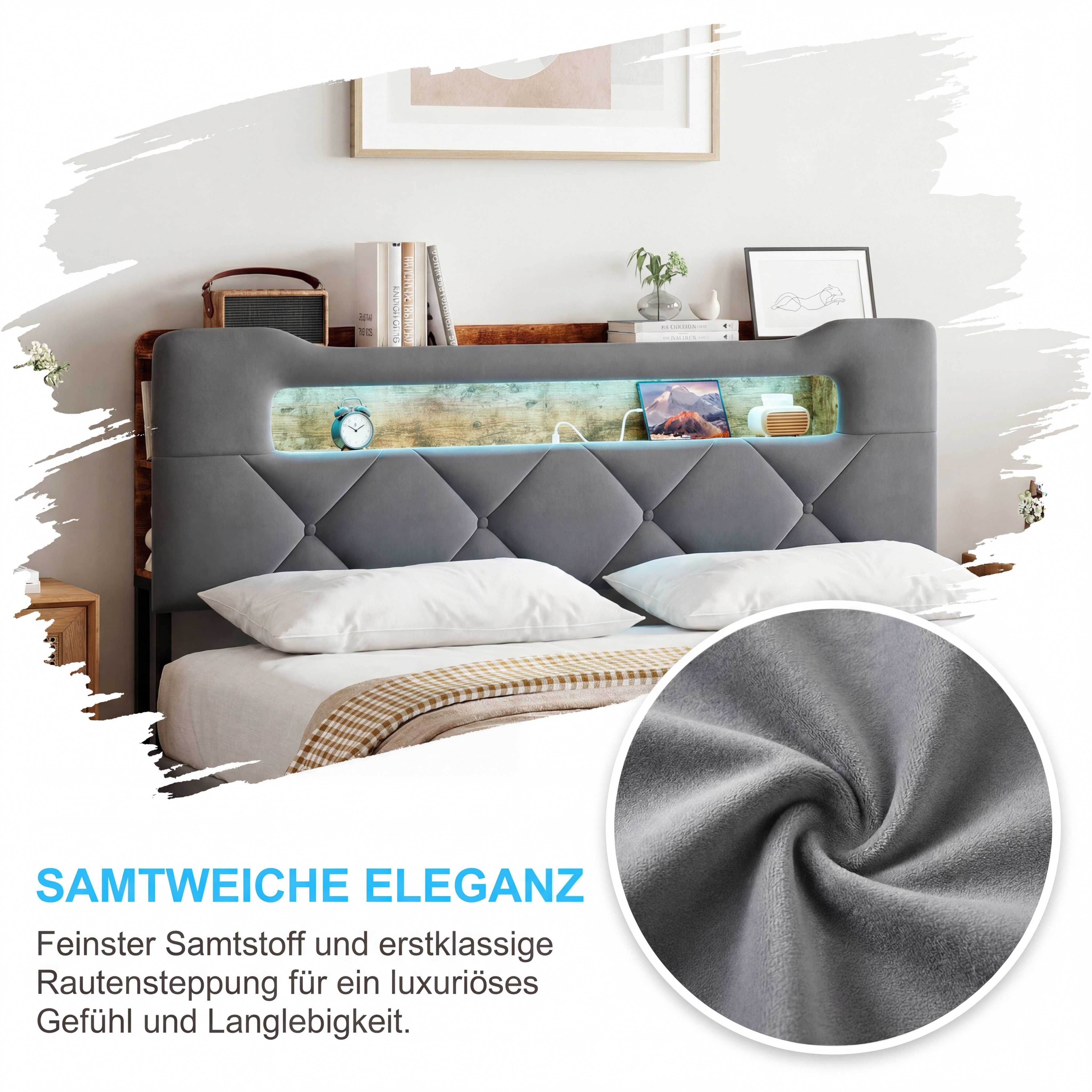 ADWOLT Polsterbett Doppelbett Stauraumbett mit 4 Schubladen Samtstoff, 160x200 cm,Mit USB+TYPE-C,LED-Beleuchtung,Schubladen mit Rädern,Grau – Bild 5 von 5