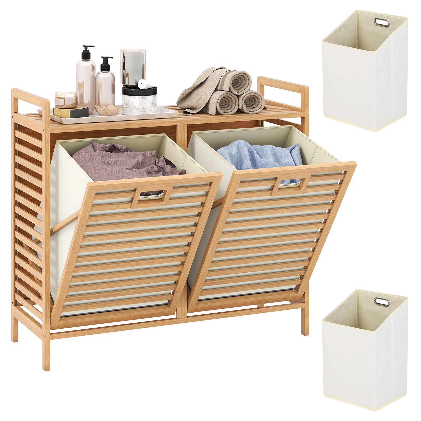 KOMFOTTEU Wäschekorb, 75L Bambus Wäschesammler mit Klappdeckel, 80 x 30 x 72 cm