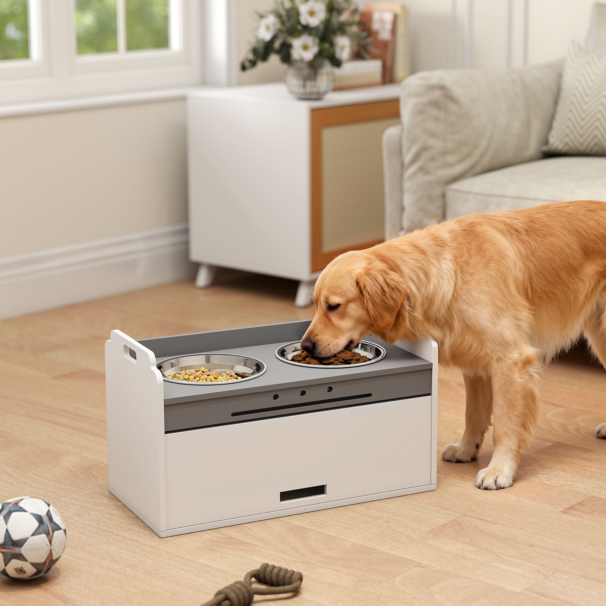 PawHut Futternapf Erhöhte Futterstation mit Aufbewahrungsschrank, Edelstahl, für große Hunde, Weiß