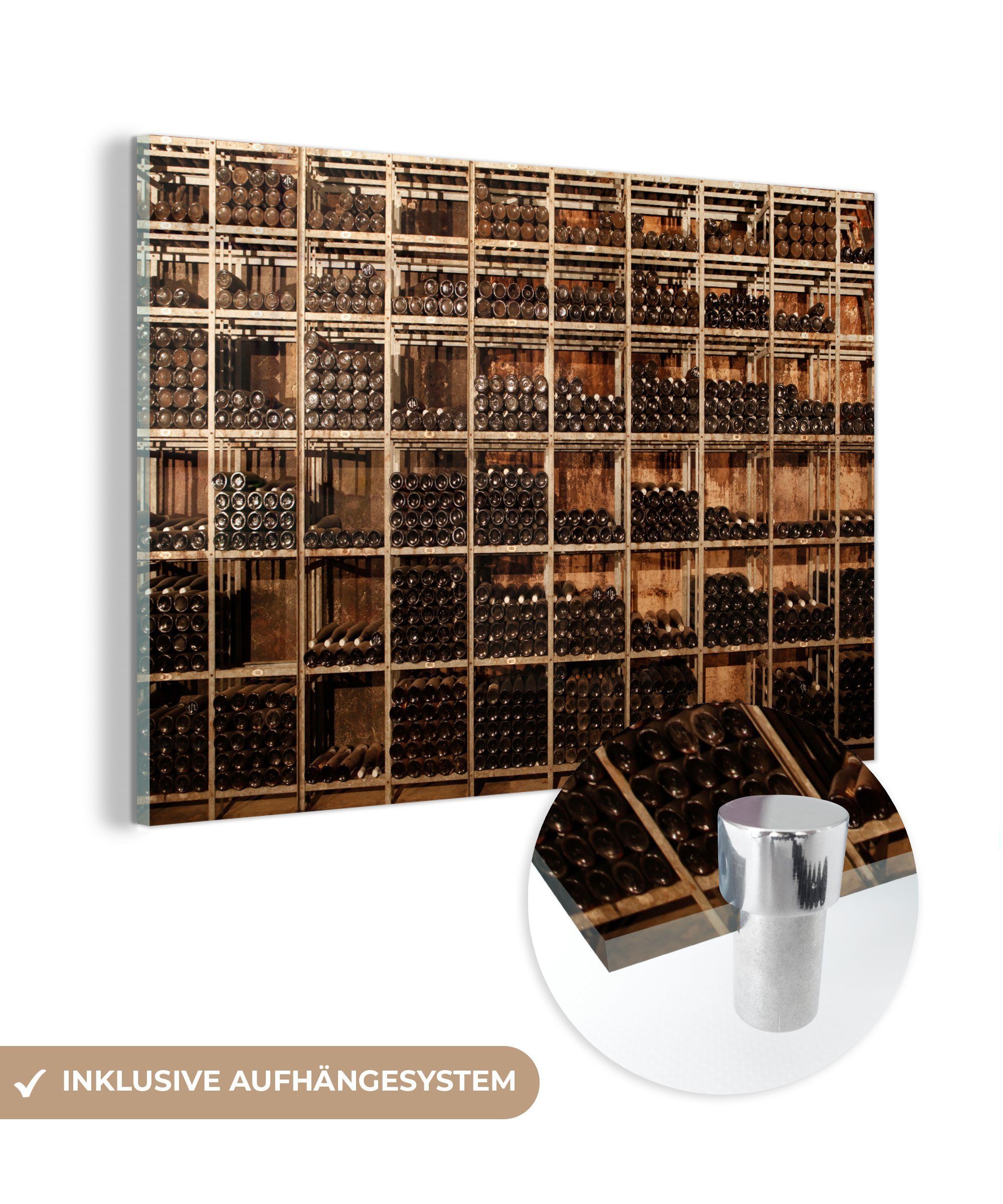 einem Schlafzimmer Regale MuchoWow Wohnzimmer Acrylglasbilder & mit Viele St), Acrylglasbild in Weinflaschen Weinkeller, (1