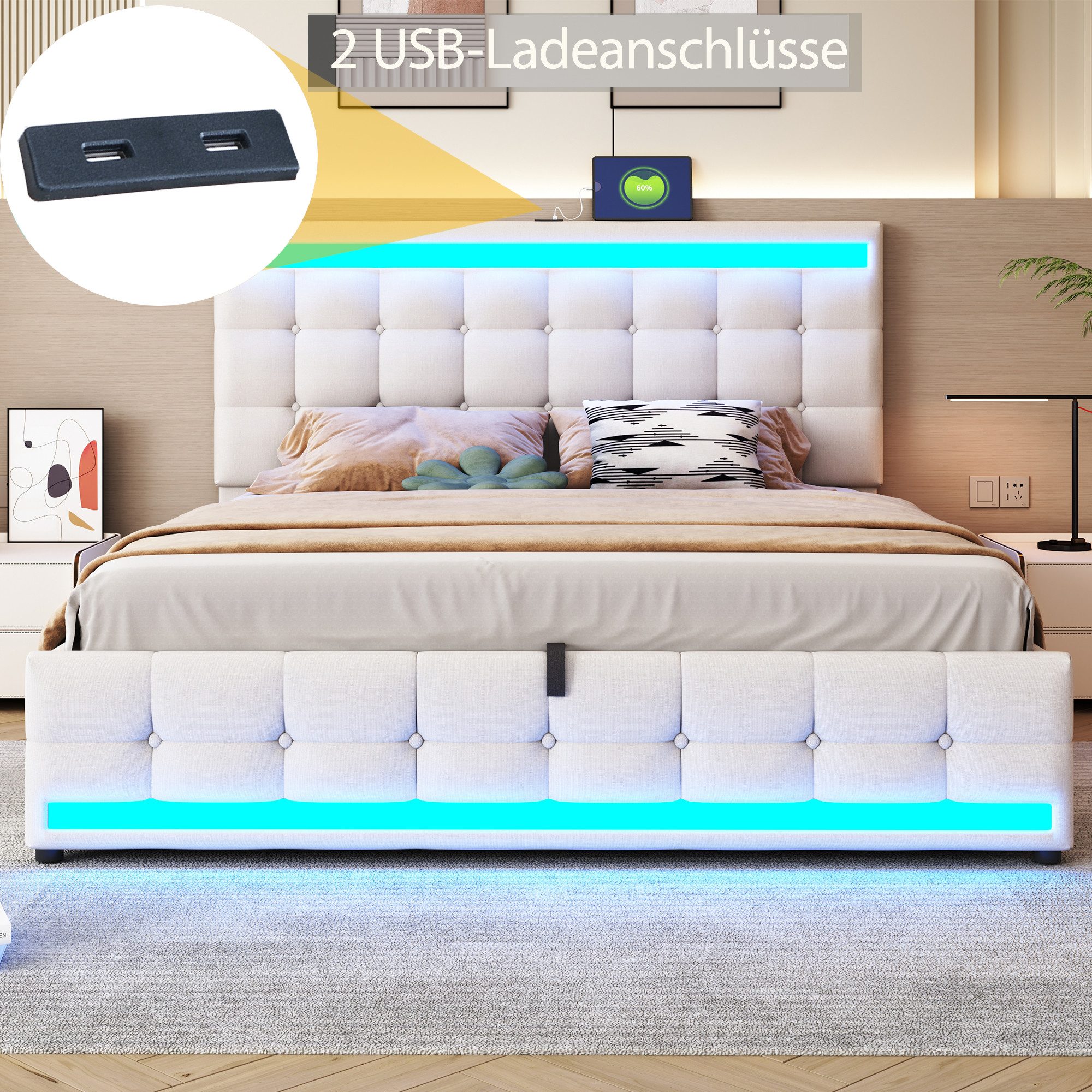 Flieks Polsterbett, LED Doppelbett Stauraumbett 2 USB-Anschluss 180x200cm L günstig online kaufen