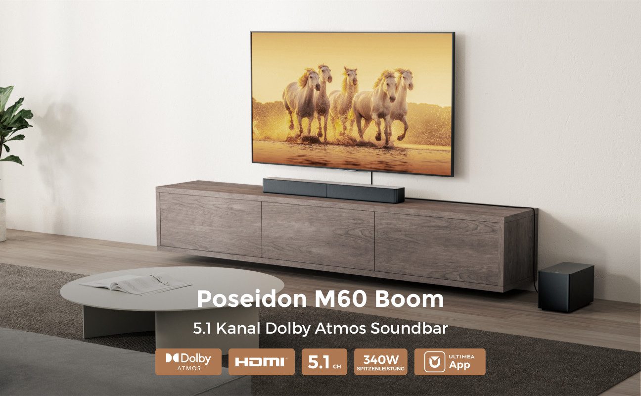 Ultimea Poseidon M60 Boom 5.1 Lautsprecher System 5.1-Kanal Dolby Atmos soundbar (Bluetooth, HDMI, 340 W, Kraftvoller Heimkino-Sound und präzisem Bass-Erlebnis)