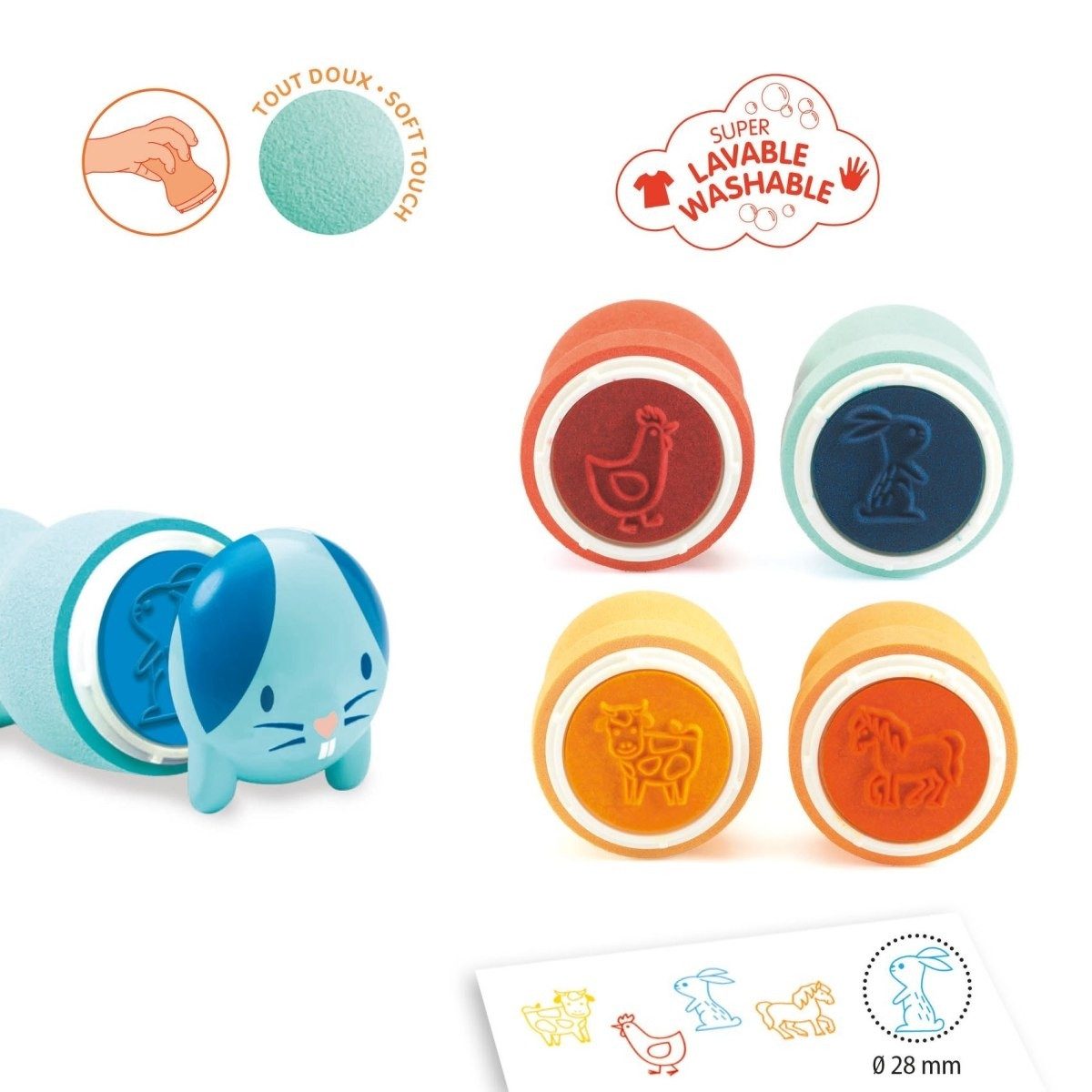 DJECO Stempel Ergonomische Selbstfärbestempel für Kleinkinder ab 18 Monaten, 4 Stück