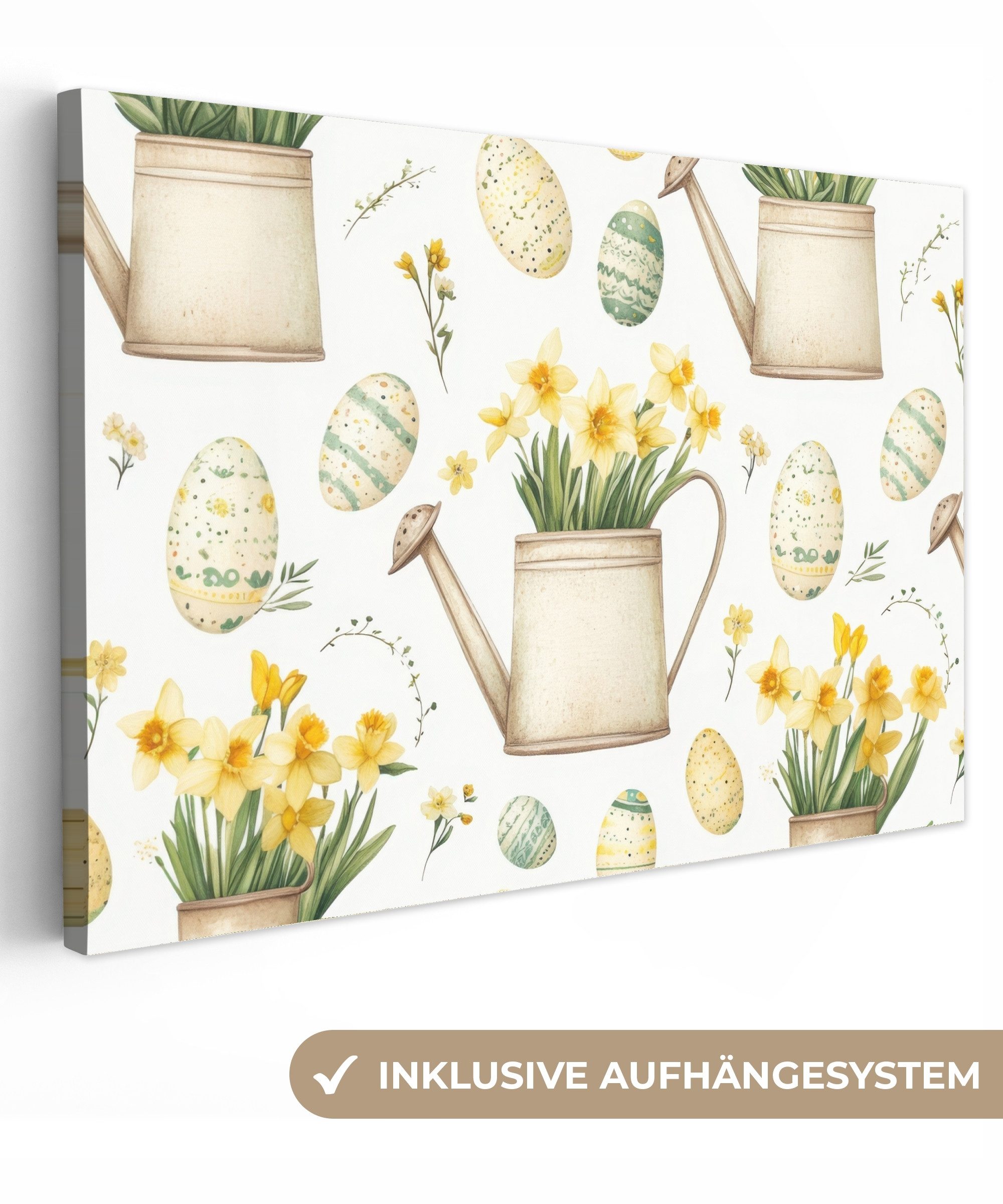 OneMillionCanvasses® Leinwandbild Gießkanne - Blumen - Eier - Ostern Deko, Fotodruck (1 St), Leinwand Bilder Klein, Wand Dekoration Aesthetic 30x20 cm