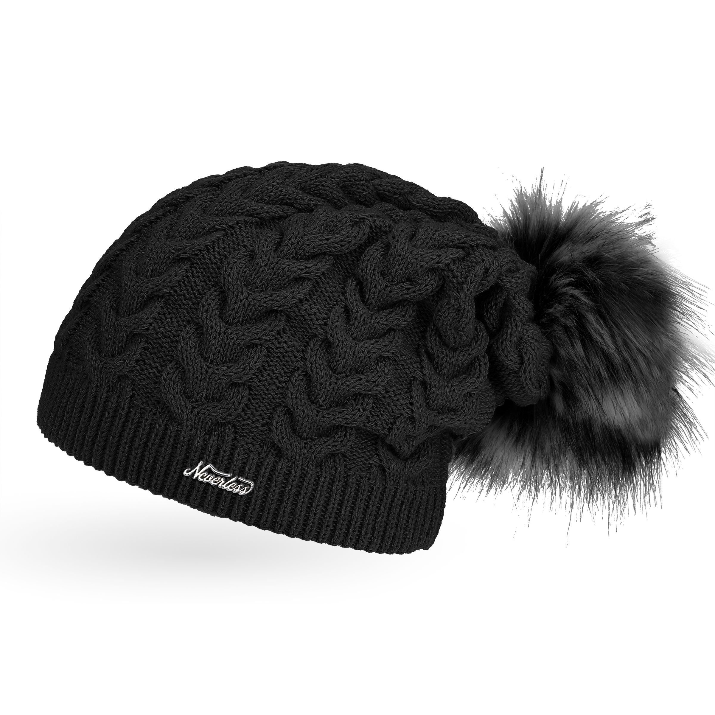 Neverless Bommelmütze coole Damen Strickmütze Strick-Beanie gefüttert Fell-Bommel