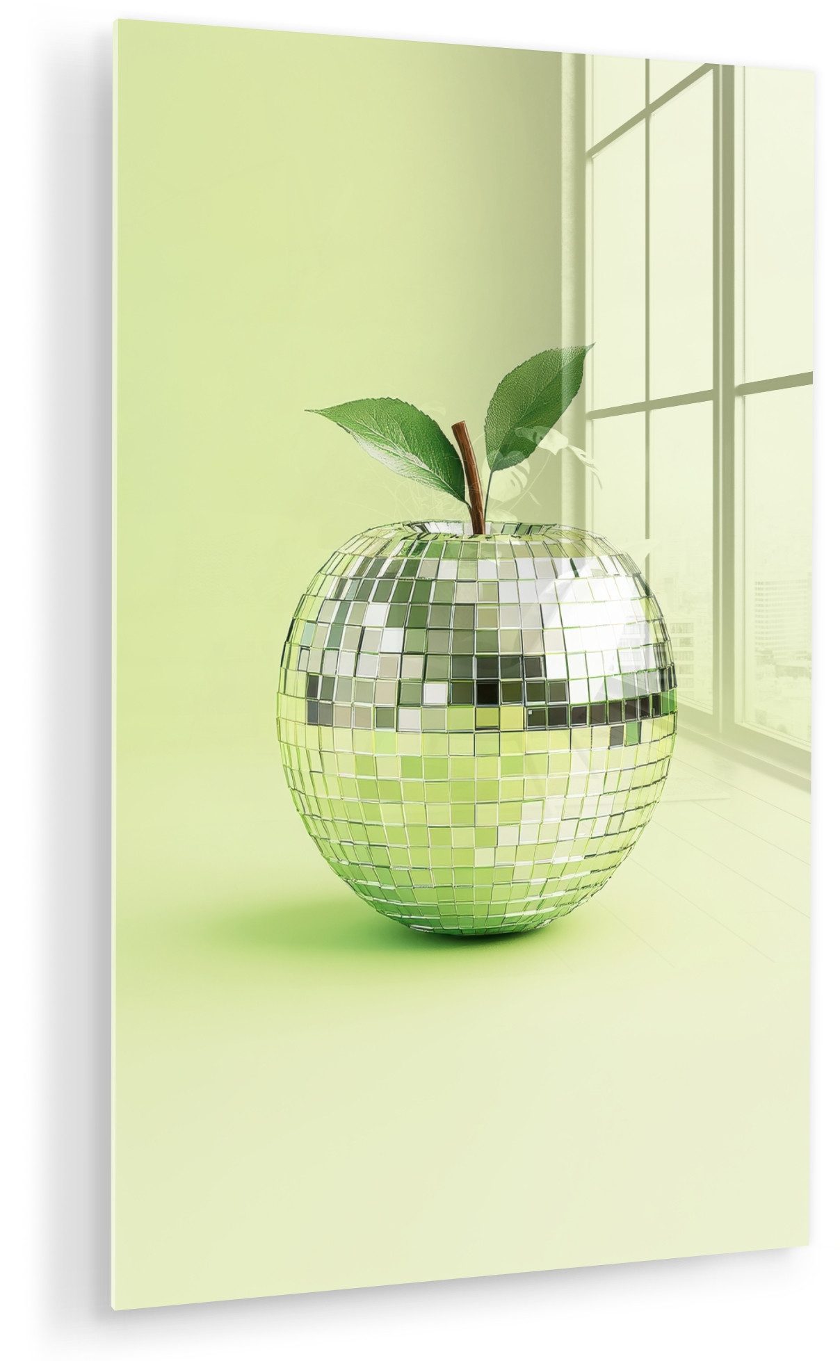 MuchoWow Acrylglasbild Grün - Disco - Dekoration - Apfel, Inkl. Aufhängung, Dekorative Bild für Küche & Wohnzimmer auf Glas, 20x30 cm