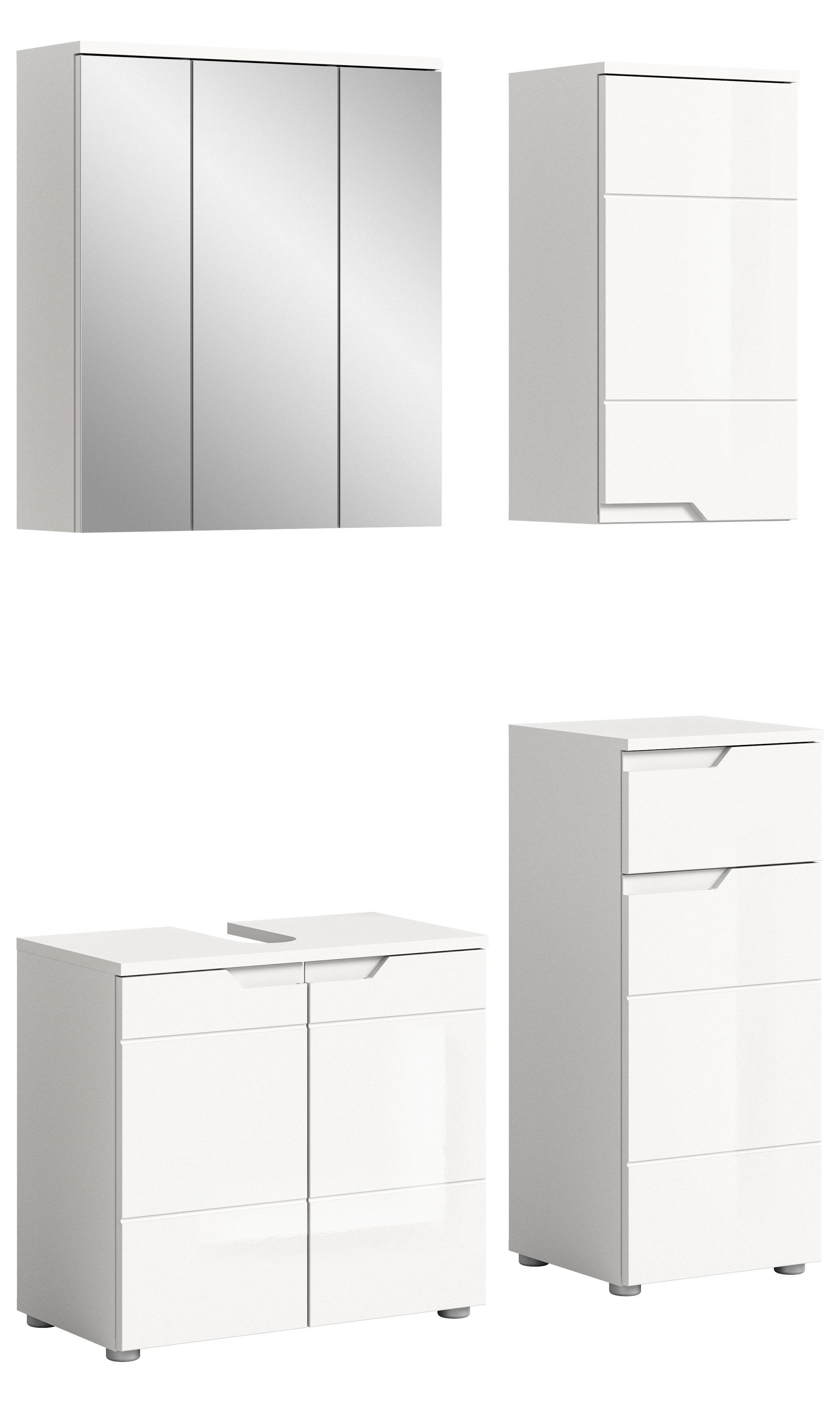 welltime Badmöbel-Set CAPRI, 4-teilig, mit eingefasster Griffmulde, bestehend aus:, Waschbeckenunterschrank, Spiegelschrank, Unterschrank und Hängeschrank