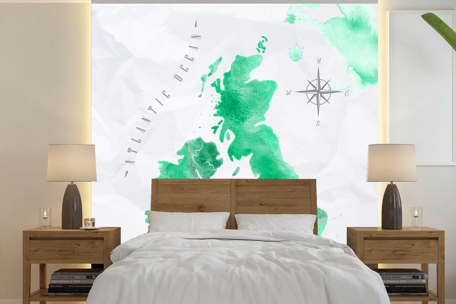 Schlafzimmer - Matt, MuchoWow England für Aquarell, Weltkarte (4 St), bedruckt, Wohnzimmer Vliestapete Fototapete Fototapete - Küche,