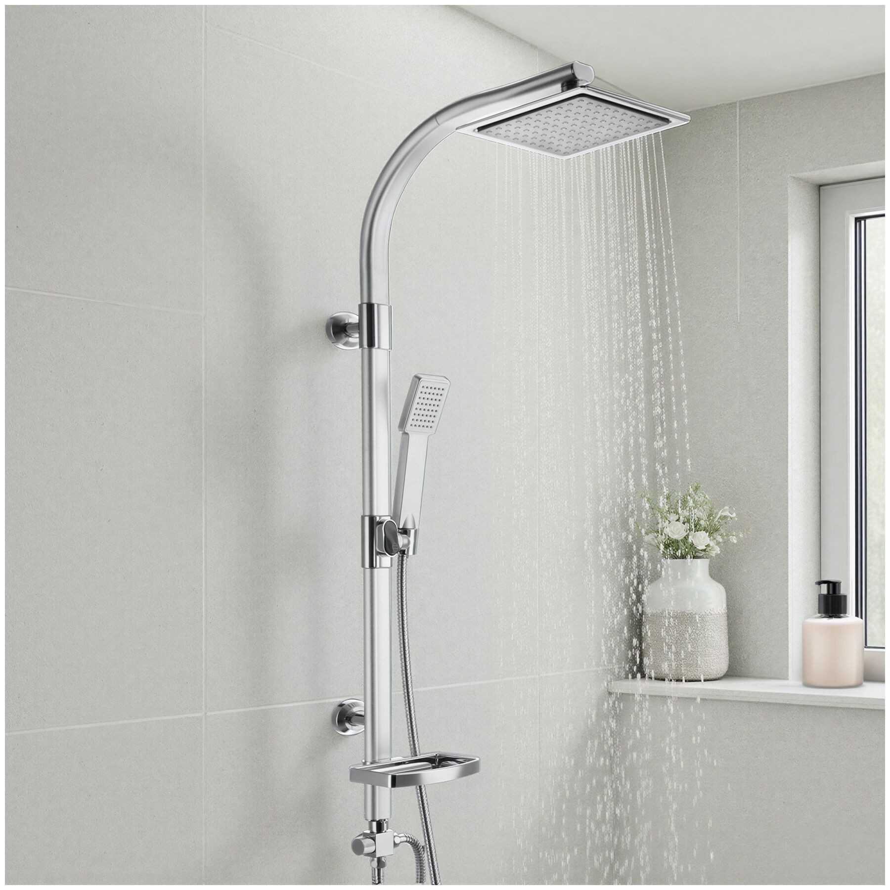 tectake Duscharmatur Aluminium-Duschsystem, Antikalktechnik, inklusive Kugelgelenk (Duschsäule, in grau) Chrom-Optik, zusätzliche Handbrause, Drehknopf, inklusive Ablage