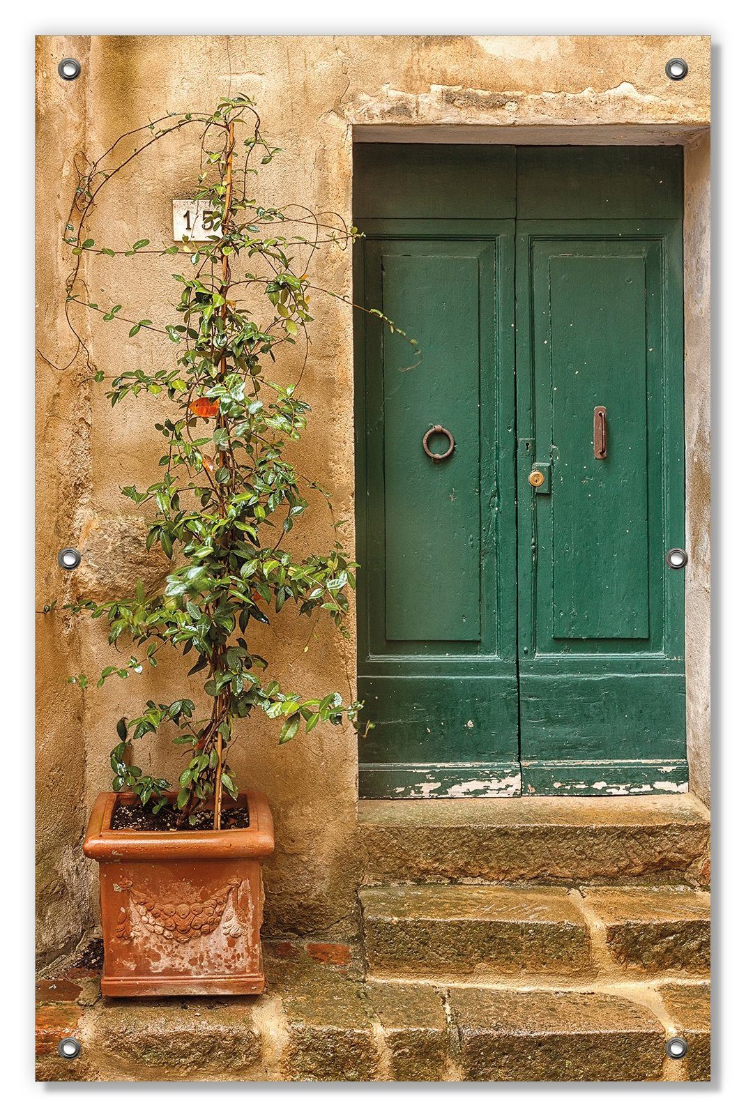 Sonnenschutz Grüne alte Holz-Tür in Toskana mit alter Steinwand und Steintreppe, Wallario, blickdicht, mit Saugnäpfen, wiederablösbar und wiederverwendbar