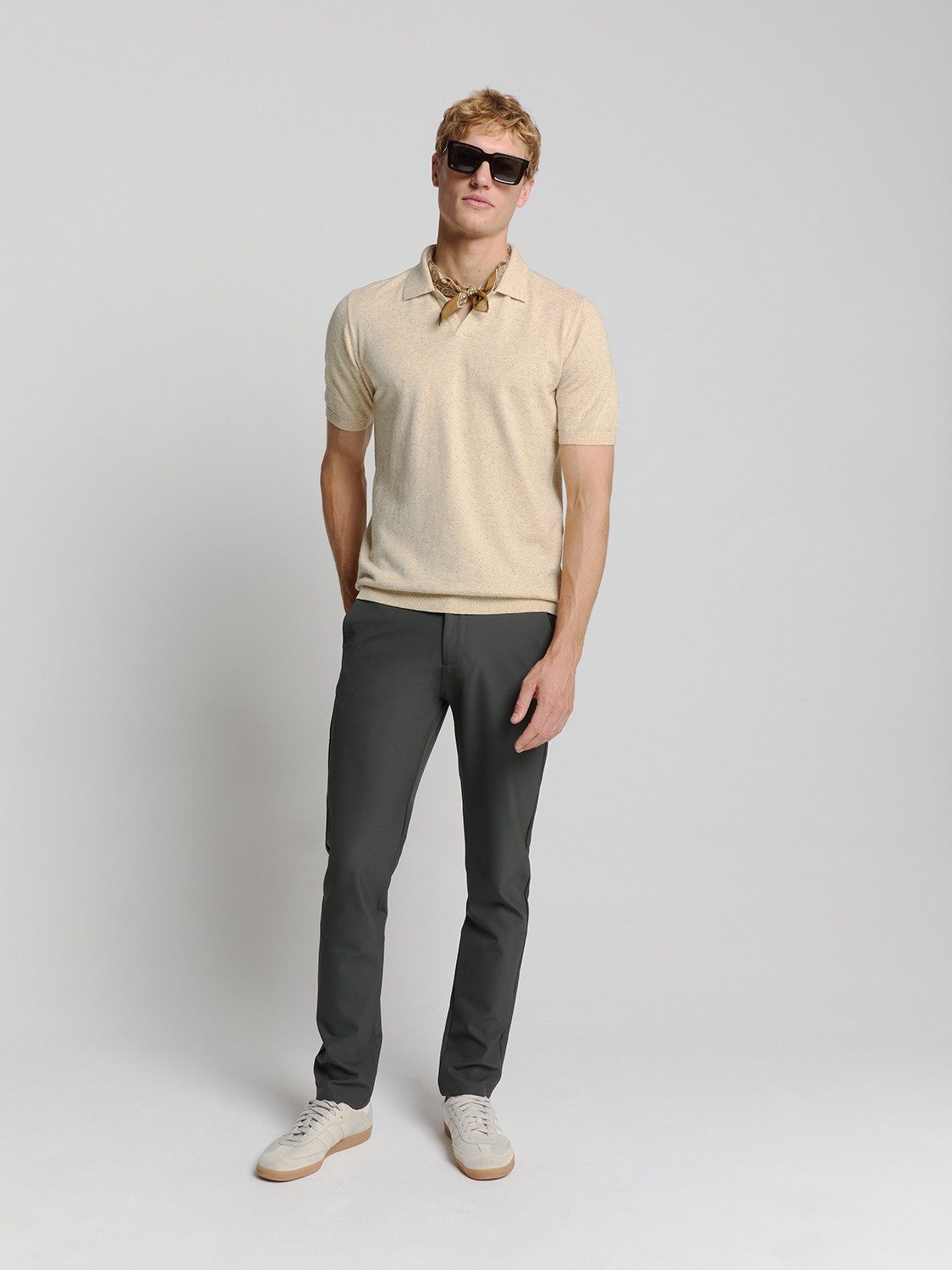 NO EXCESS T-Shirt Pullover Short Sleeve Polo V Melange With Linen, Sand