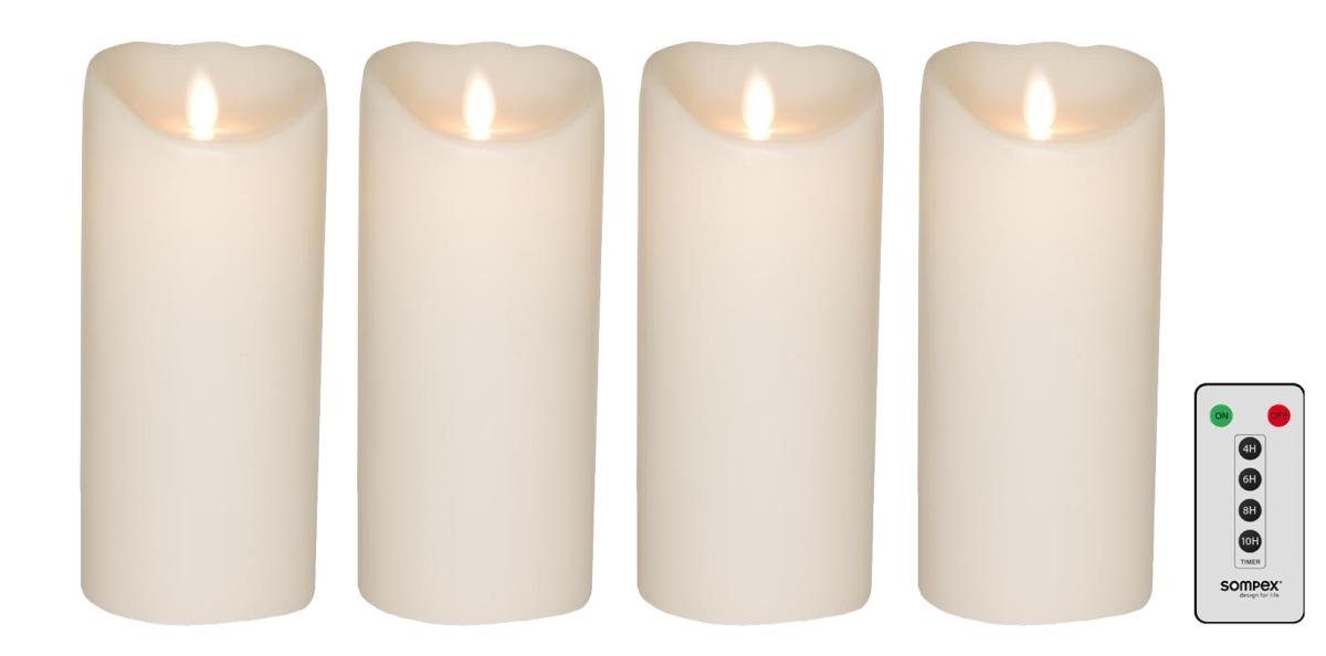 SOMPEX LED-Kerze 4er Set Flame LED Kerzen weiß 18cm (Set, 5-tlg., 4 Kerzen,  Höhe 18cm, Durchmesser 8cm, 1 Fernbedienung), mit Timer, Echtwachs,  täuschend echtes Kerzenlicht