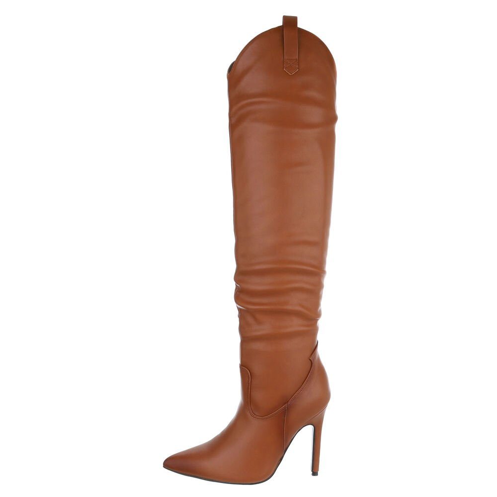 Ital-Design Damen Abendschuhe Party & Clubwear Overkneestiefel Pfennig-/Stilettoabsatz High-Heel Stiefel in Camel