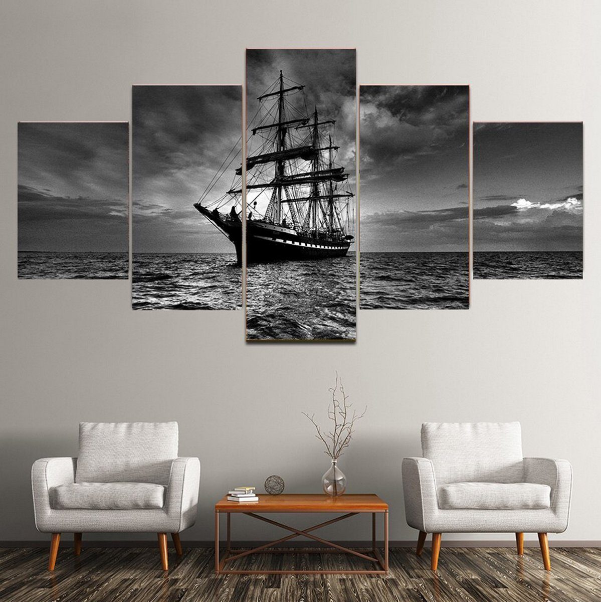 TPFLiving Kunstdruck (OHNE RAHMEN) Poster - Leinwand - Wandbild, 5 teiliges  Wandbild - Segelschiff auf hoher See (Leinwandbild XXL), Farben: Schwarz,  Weiß - Größe: 10X15 10X20 10X25cm