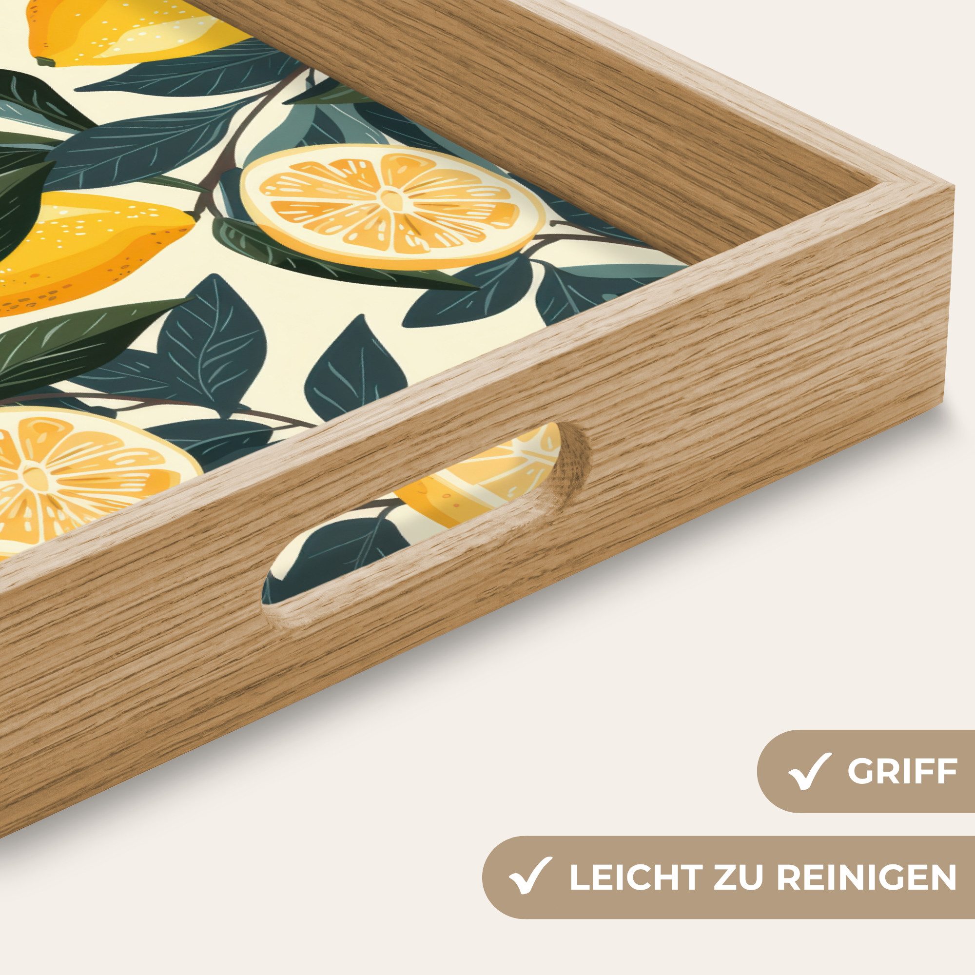 OnlyWow Tablett Rechteckig mit Henkel Zitronen - Früchte - Blätter - Gelb - Grün - Bei, Eichenholz, (1-tlg), Siervierplatte, Tray, Frühstücksbrett – Bild 3 von 5