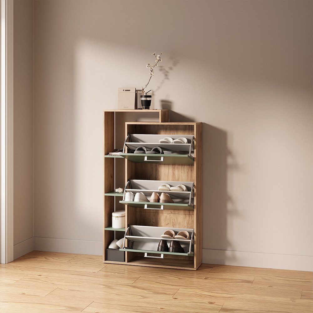 Livinity® Schuhkipper Ortello, Goldkraft Eiche/Grün/Grün, 80 x 128.3 cm mit 3 Fächern (1 St)