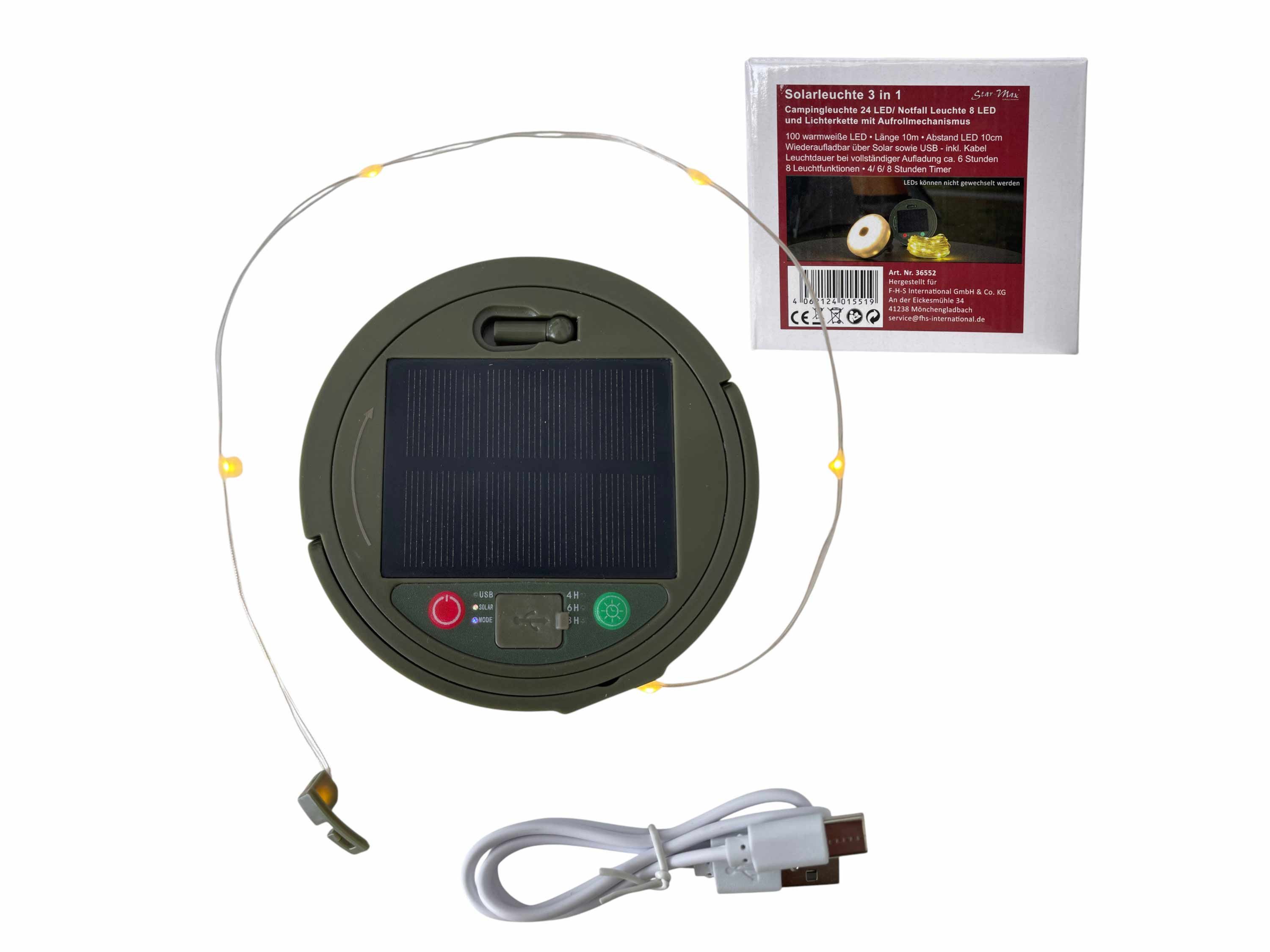 F-H-S International LED Solarleuchte, mehrere Helligkeitsstufen, LED, warmweiß, rot, Camping mit 9,9m Lichterkette 8 Funkt. 3 Timer USB