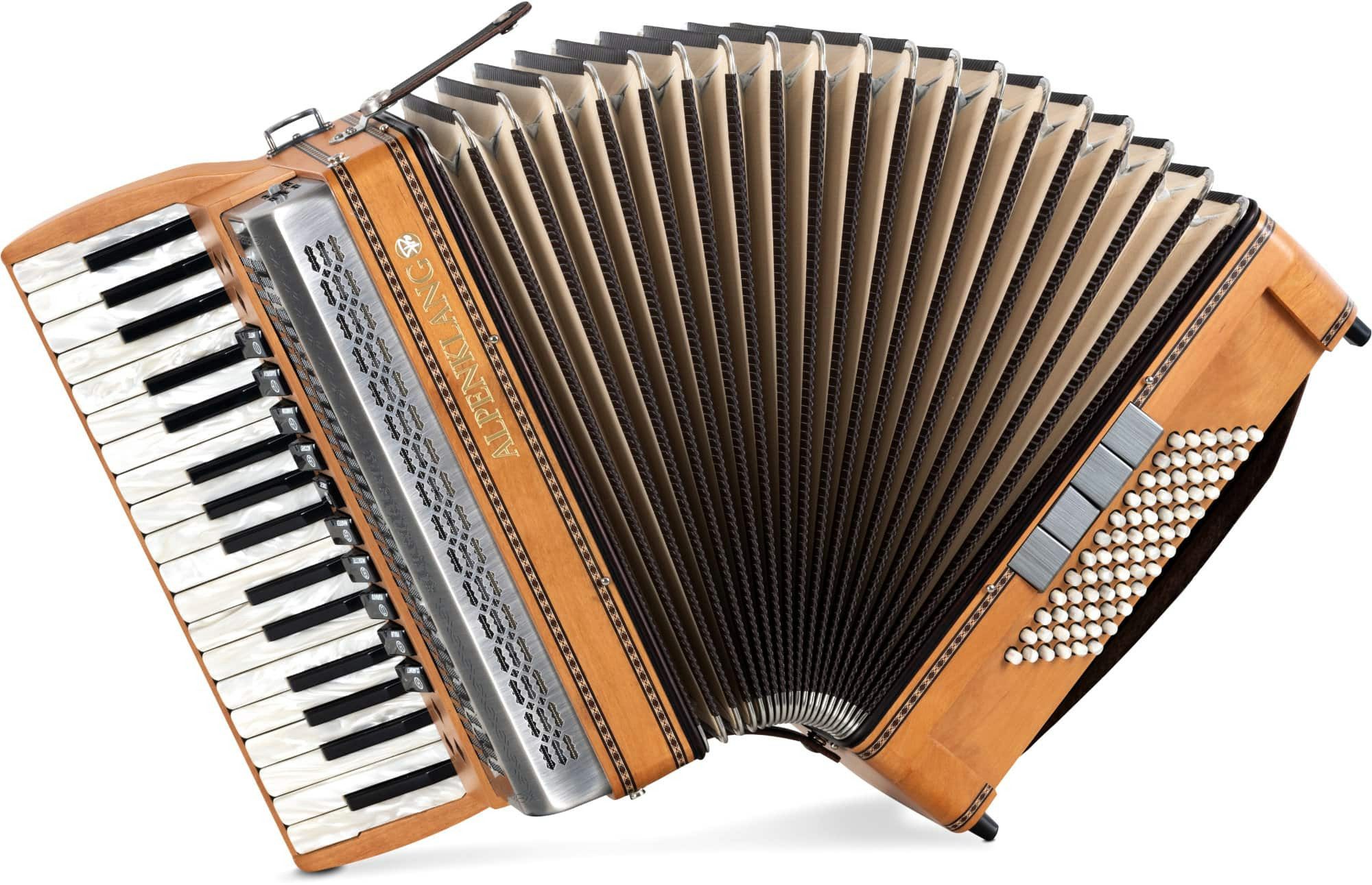Alpenklang Knopf-Akkordeon Alpenklang Pro Akkordeon IV 72 M Erle matt (Pro-Serie, 3-St., inkl. Koffer und Trageriemen), hochwertige, italienische Tipo a Mano A-Stimmplatten. 72 Bässe