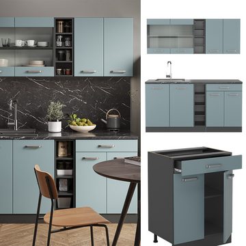 Livinity® Küchenzeile R-Line, Blau-Grau/Anthrazit, 160 cm, AP Marmor