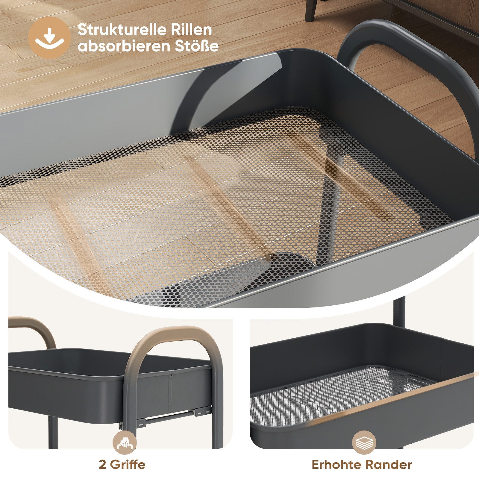 Sekey Küchenwagen Servierwagen mit Rollen Beistellwagen mit 3 Ablageebenen aus Metall, Innovatives Klick-Design für schnelle Montage ohne Schrauben – Bild 4 von 5
