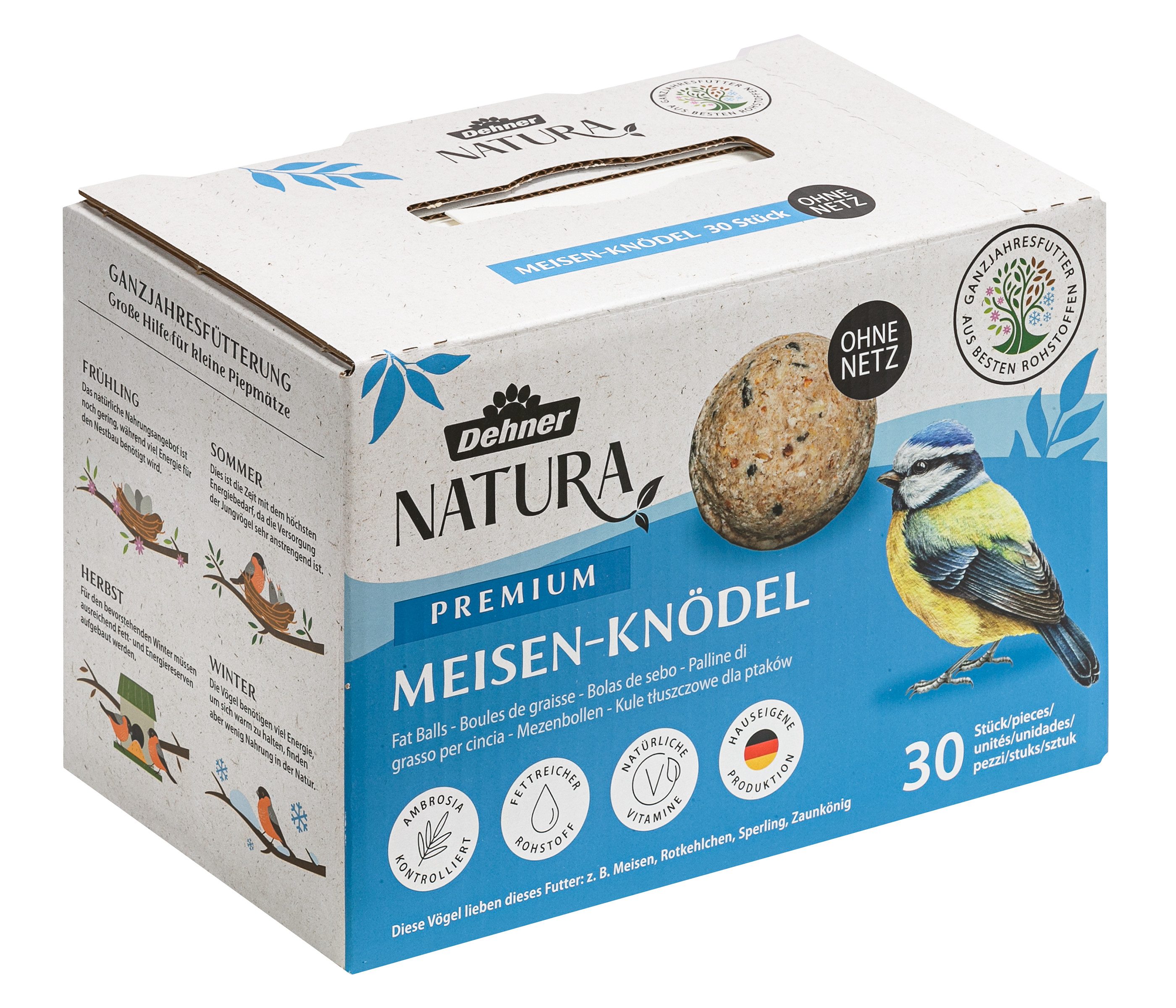 Dehner Natura Große Meisenknödel, ohne Netz, 30 Stück je 90 Gramm (2.7 kg), Hauptfutter für: Wildvogel, Gartenvögel, im Karton, hochwertiges Wildvogelfutter zur ganzjährigen Fütterung