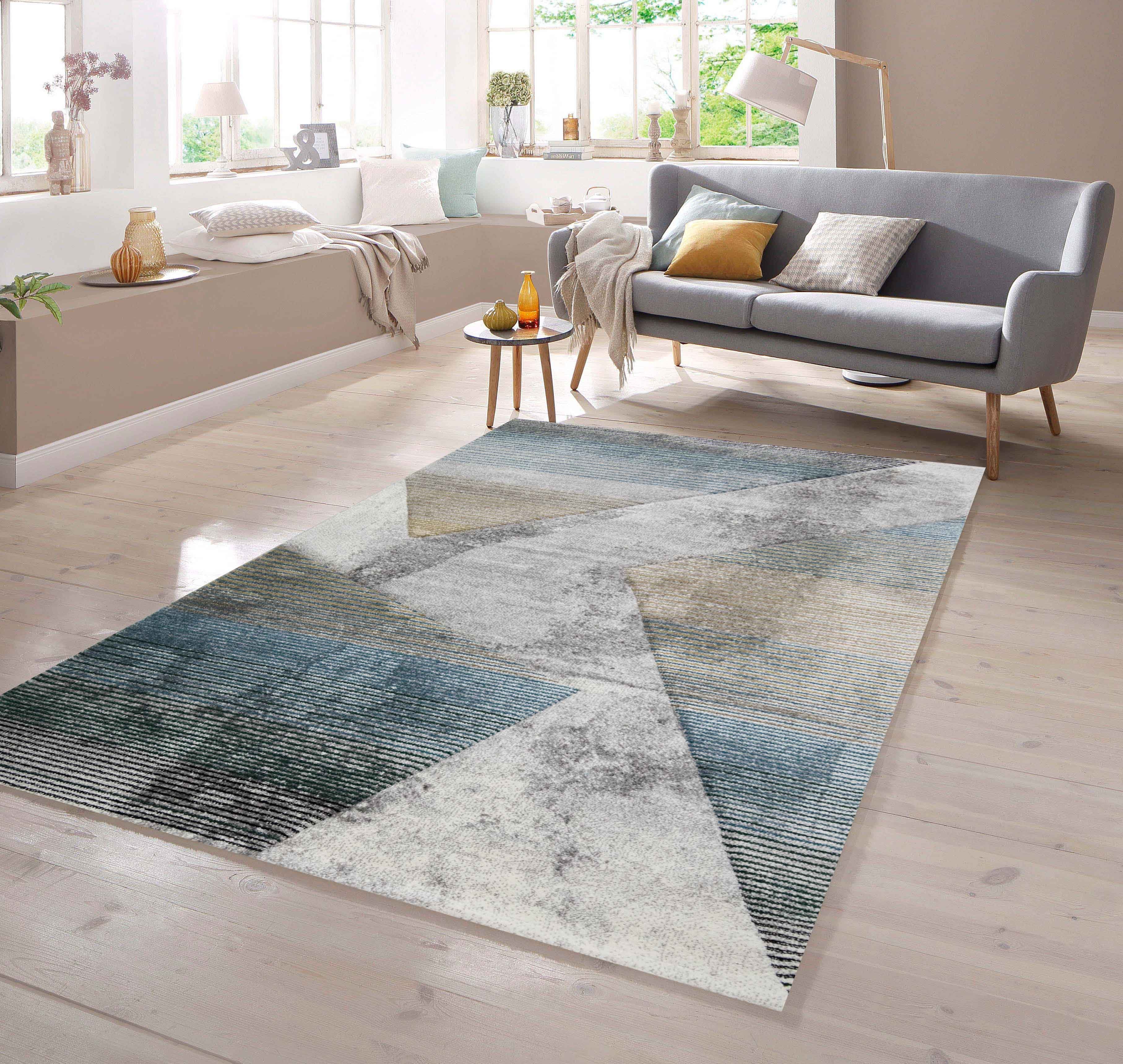 TeppichHome24 Teppich Teppich Muster gestreift mehrfarbig grau blau gold, rechteckig, Höhe: 13 mm