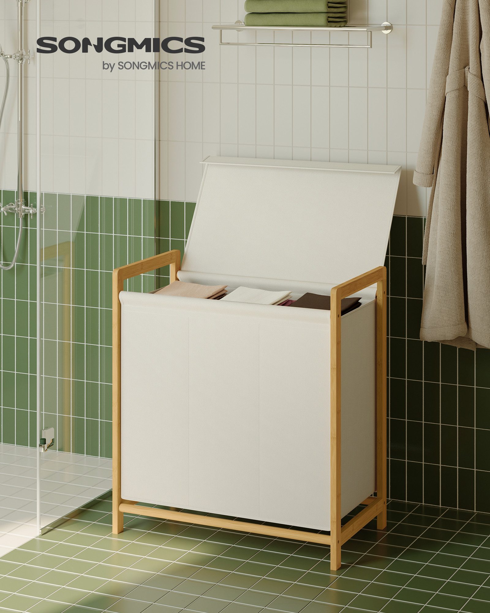 SONGMICS Wäschekorb, 2/3 Fächer, Wäschesammler mit Bambusrahmen, 100/150L, abnehmbar