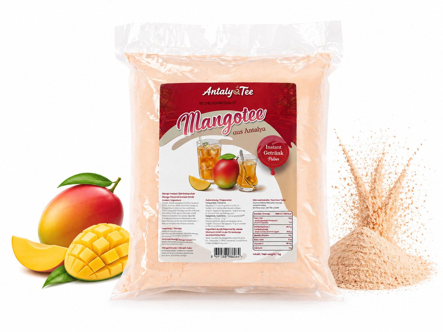 Tee Mango Instant Getränkepulver 1 kg – türkischer Tee aus Antalya, schnell löslich, feines Pulver