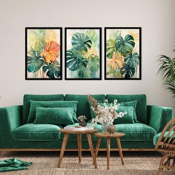 Wallarena Poster SET mit Rahmen Bilder Blätter Wohnzimmer Schlafzimmer Kunstdruck, Monstera Blätter Poster Bild (Set 3 teilig, 3 St), Groß Wandbilder Größen : 3x30x40 cm / 3x50x70 cm / 3x70x100 cm