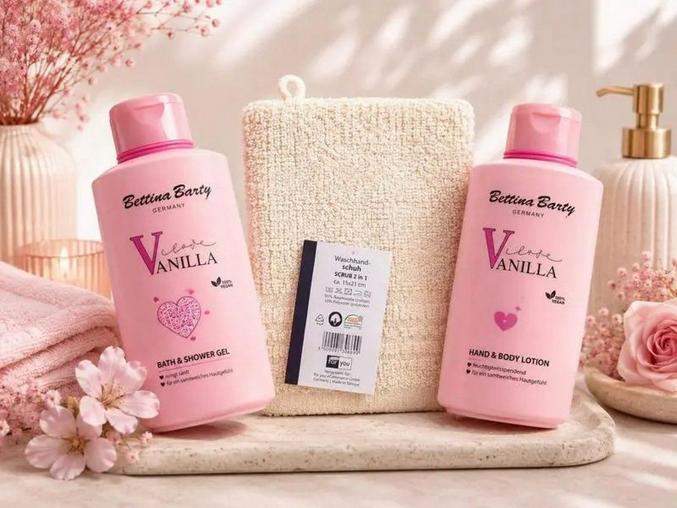 Bettina Barty Körperpflegemittel Love Vanilla Geschenkset – Duschgel, Bodylotion & Waschhandschuh