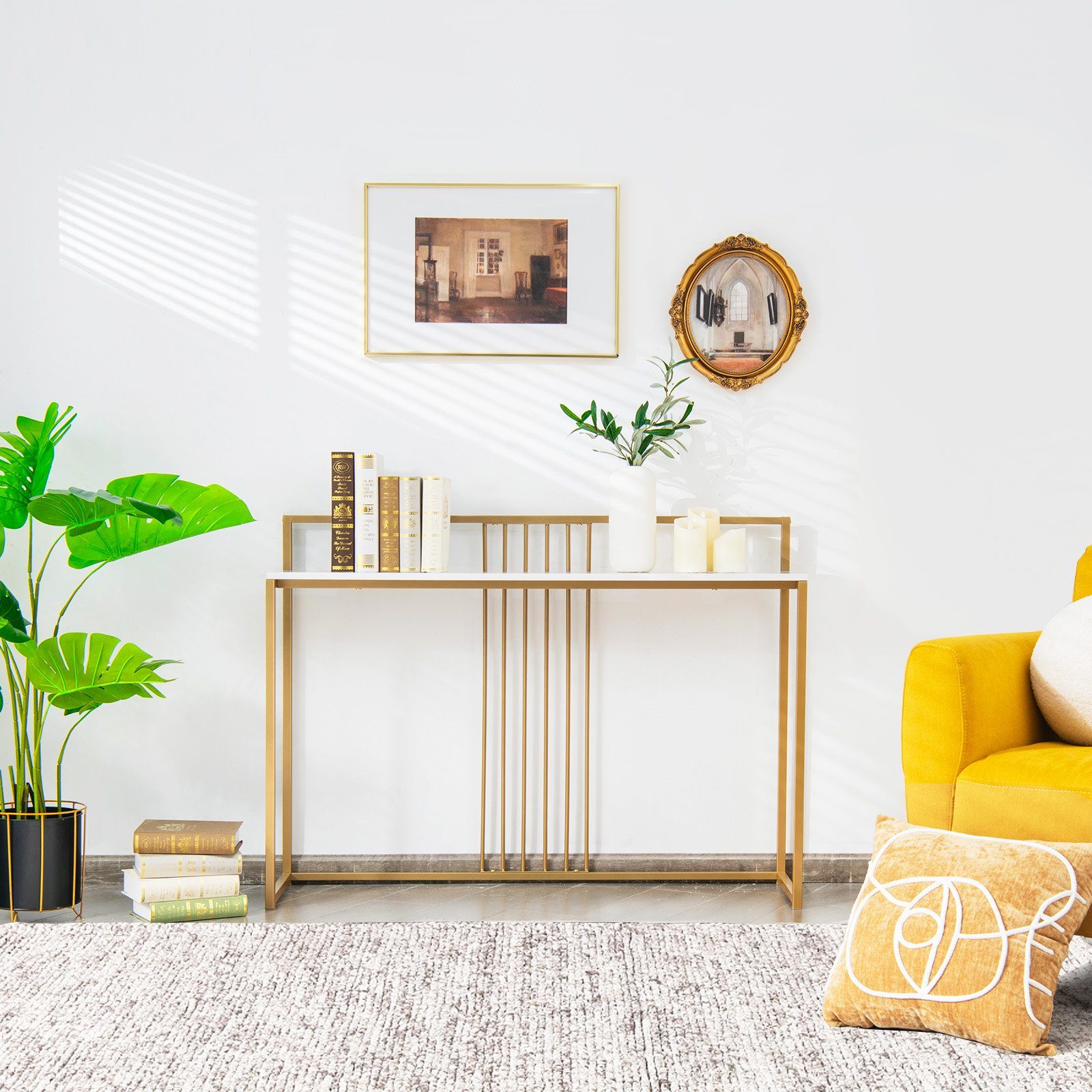 COSTWAY Konsolentisch, Marmoroptik, goldfarbenes Metallgestell, 120cm günstig online kaufen