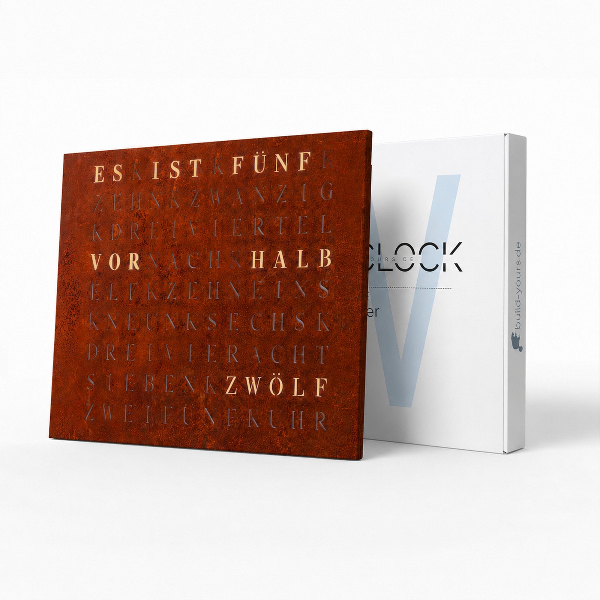 build-yours.de Wanduhr Jupiter 2.0 Industrial Editions (50 × 40 cm) (Rust Iron Edition – Smarte Wortuhr, App-Steuerung, RGBW LEDs)