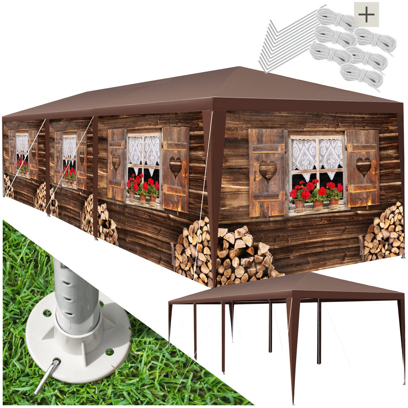 tectake Pavillon Rattan Gartenzelt in 2 Größen, inklusive Spannseilen und Heringen, mit 8 Seitenteilen, (Partyzelt Almchalet, in braun), im Steckystem, abnehmbare Seitenteile, mit UV-Schutz, wasserdicht