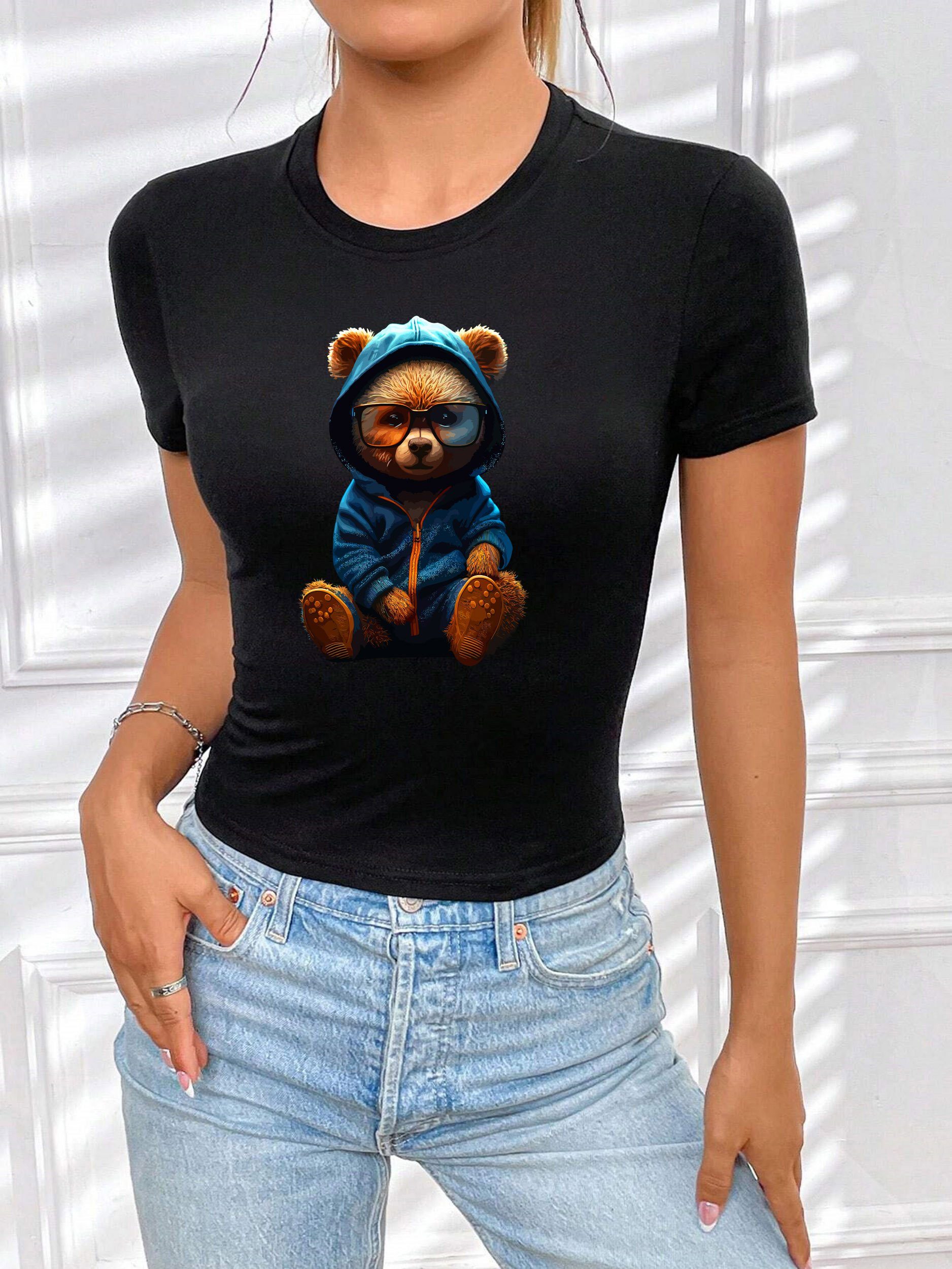 Rundhals Baumwolle, Schwarz-Blau Unifarbe Teddybär Originaldesign, Brille Top Print-Shirt Sommer Bär süßer lizenziertem T-Shirt aus RMK Damen mit