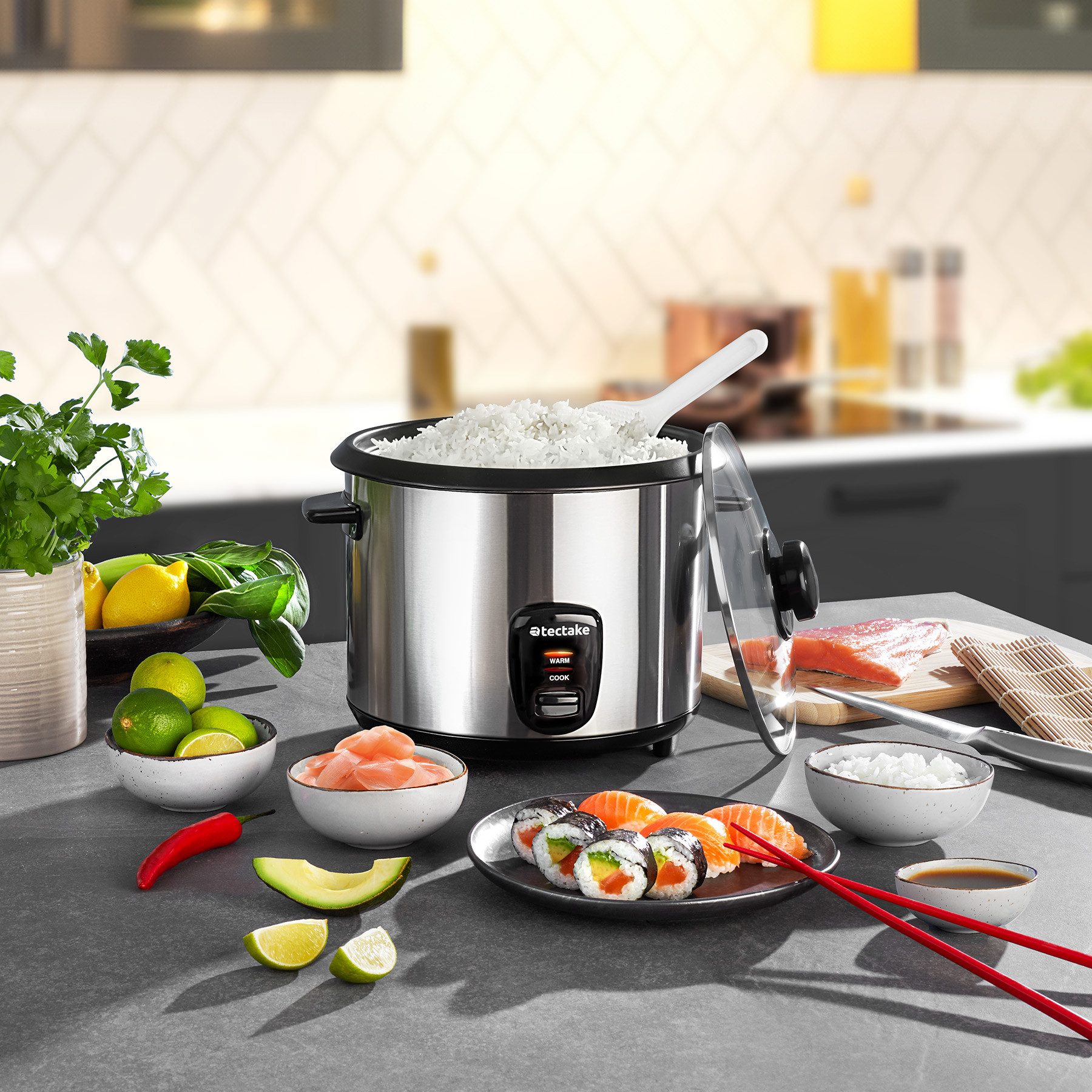 tectake Reiskocher Küchenmaschine, 31x27,5x25,5 cm, 1,8 l/10 Port., 700 W, 2-in-1: Topf entnehmbar/Dampfgareinsatz, warmhaltend, Griffe hitzefest