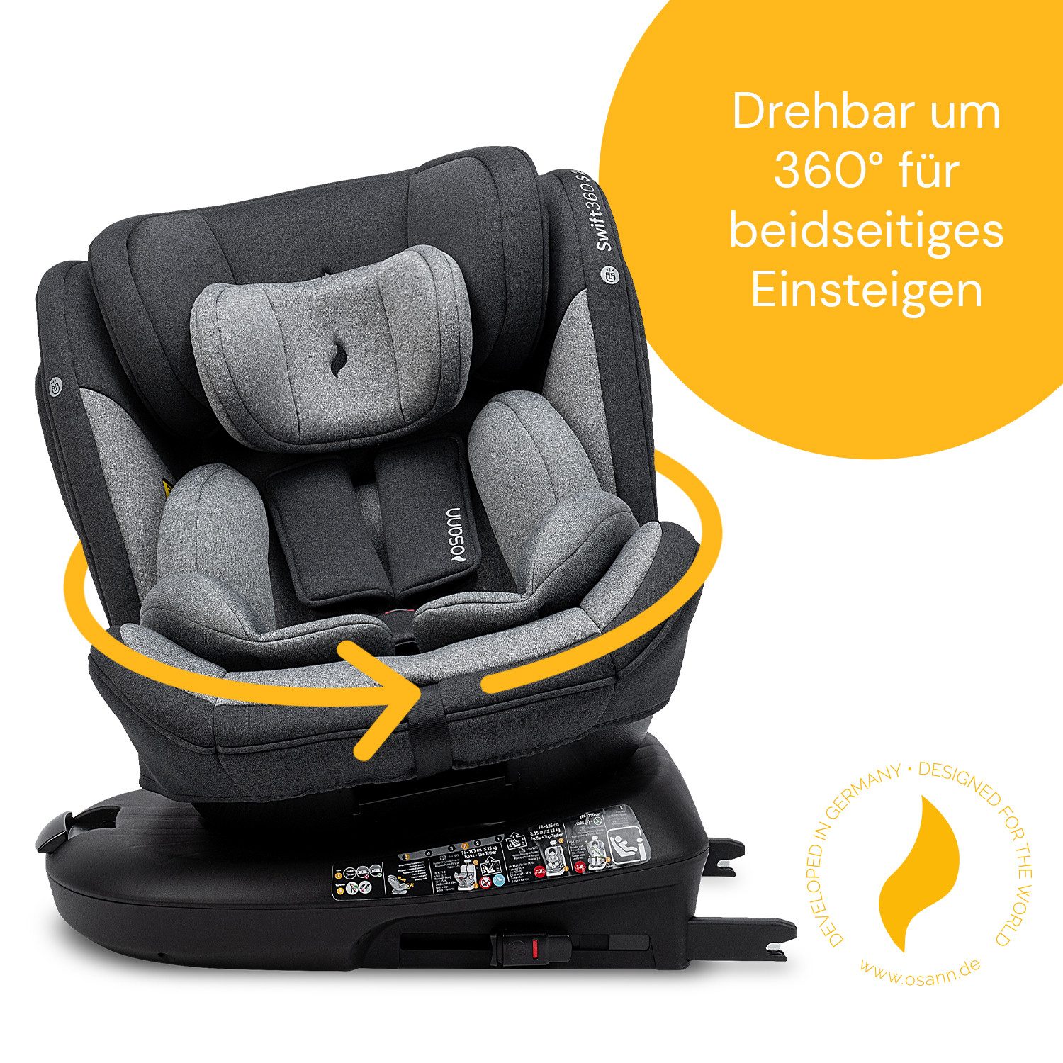 Osann Autokindersitz Swift360 S 2, ab: 15 Monate, bis: 12 Jahre, ab: 76 cm, bis: 150 cm, sicherer 360°Kindersitz: reboard bis 4 Jahre, verwendbar von 76-150 cm